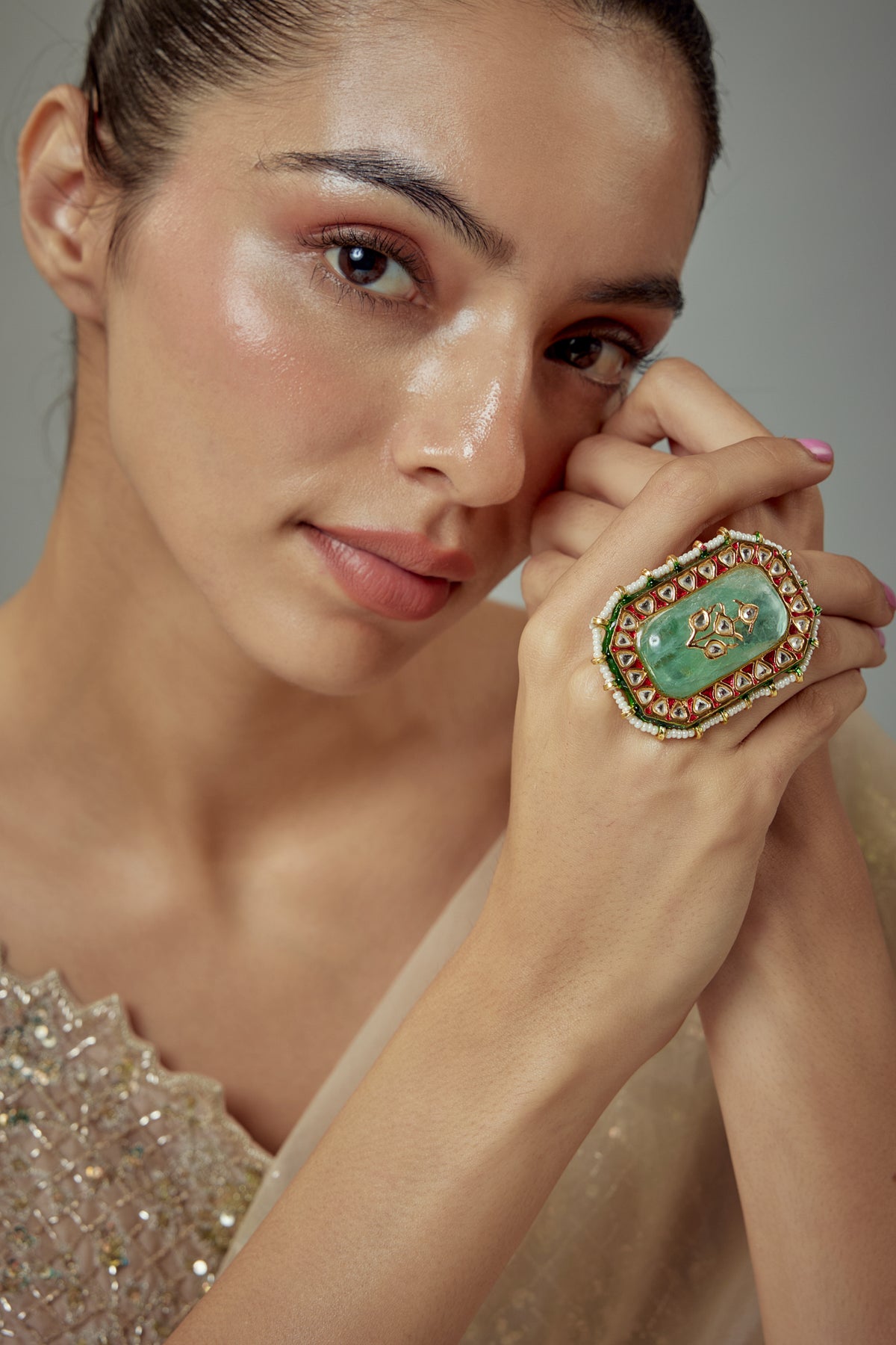 Saadgi Gold Plated Green Kundan Ring