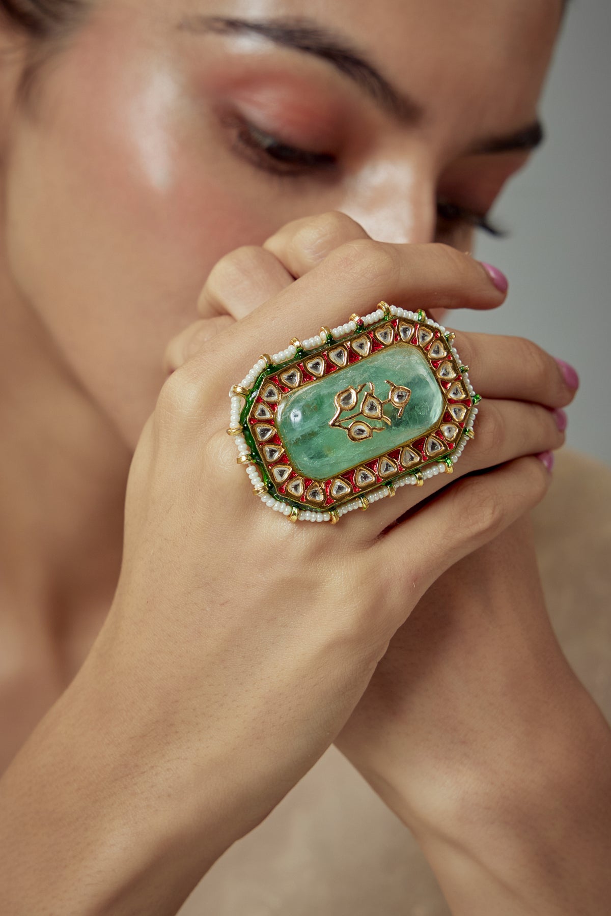 Saadgi Gold Plated Green Kundan Ring