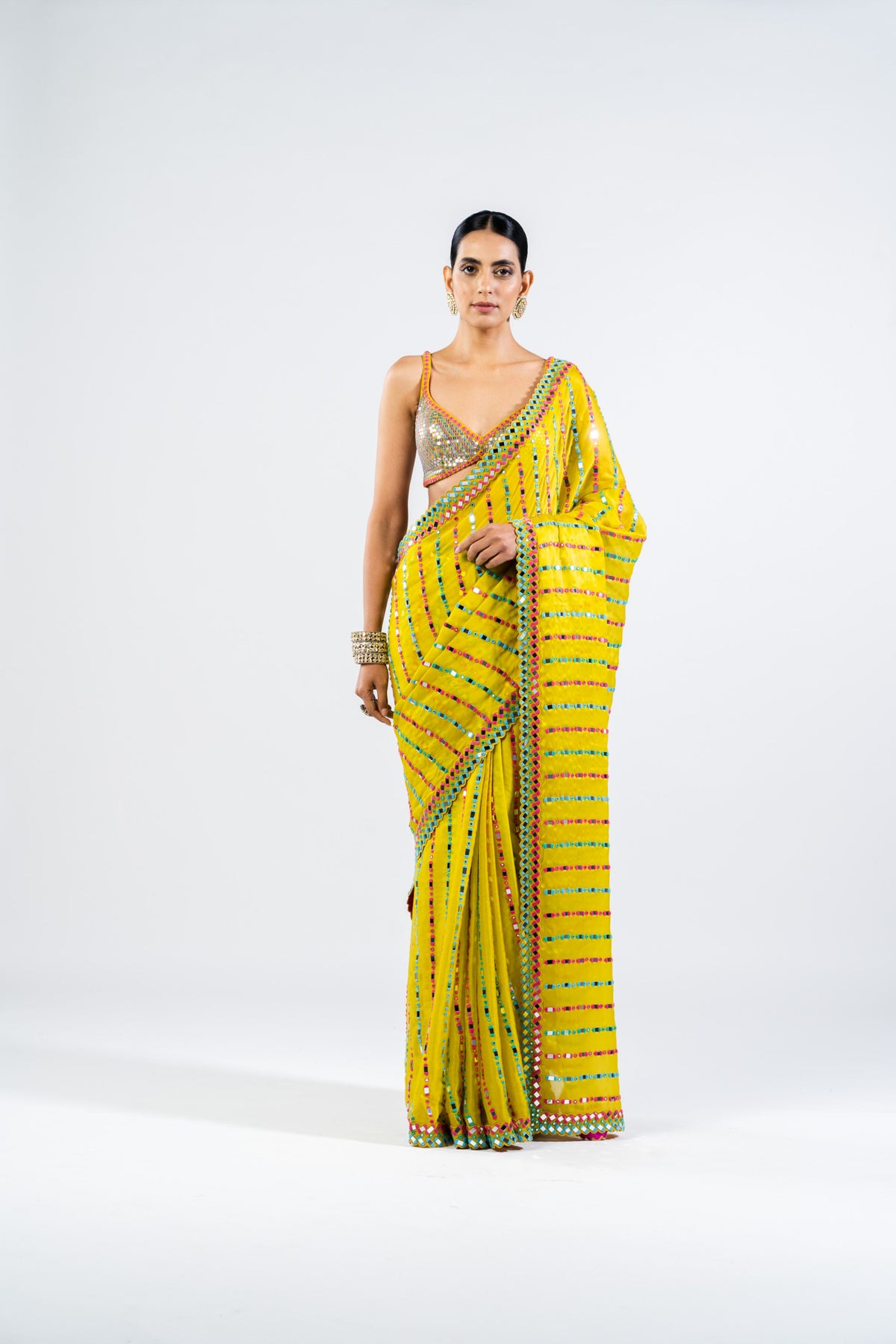 Moss Green Mirror Saree With Metallic Blouse