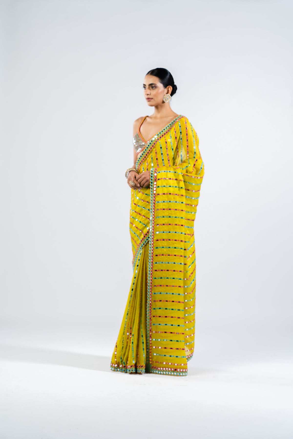 Moss Green Mirror Saree With Metallic Blouse