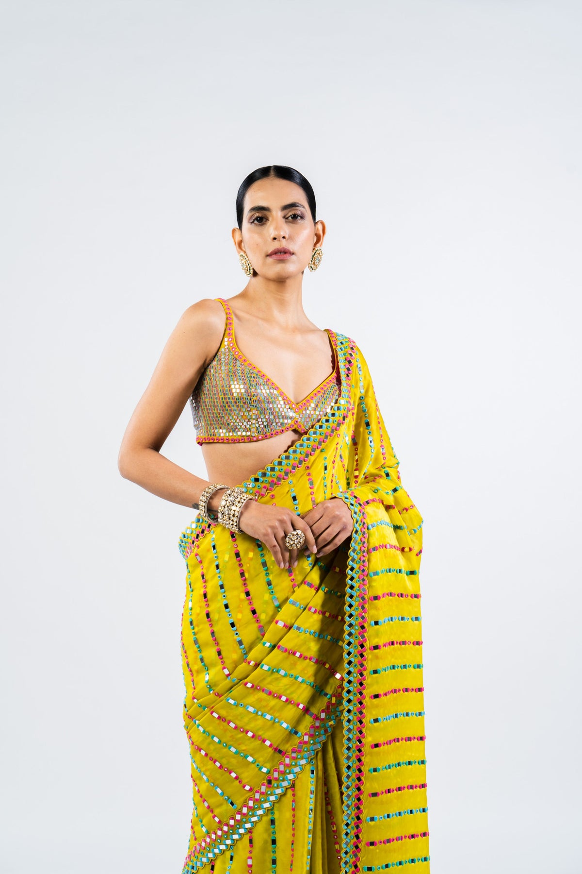 Moss Green Mirror Saree With Metallic Blouse