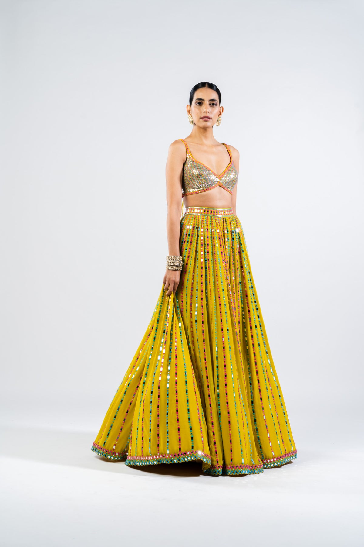 Moss Green Linear Drop Lehenga With Metallic Blouse