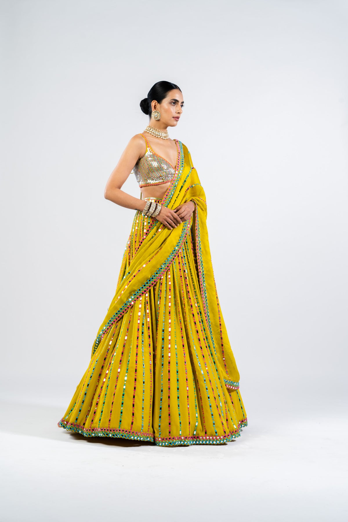 Moss Green Linear Drop Lehenga With Metallic Blouse