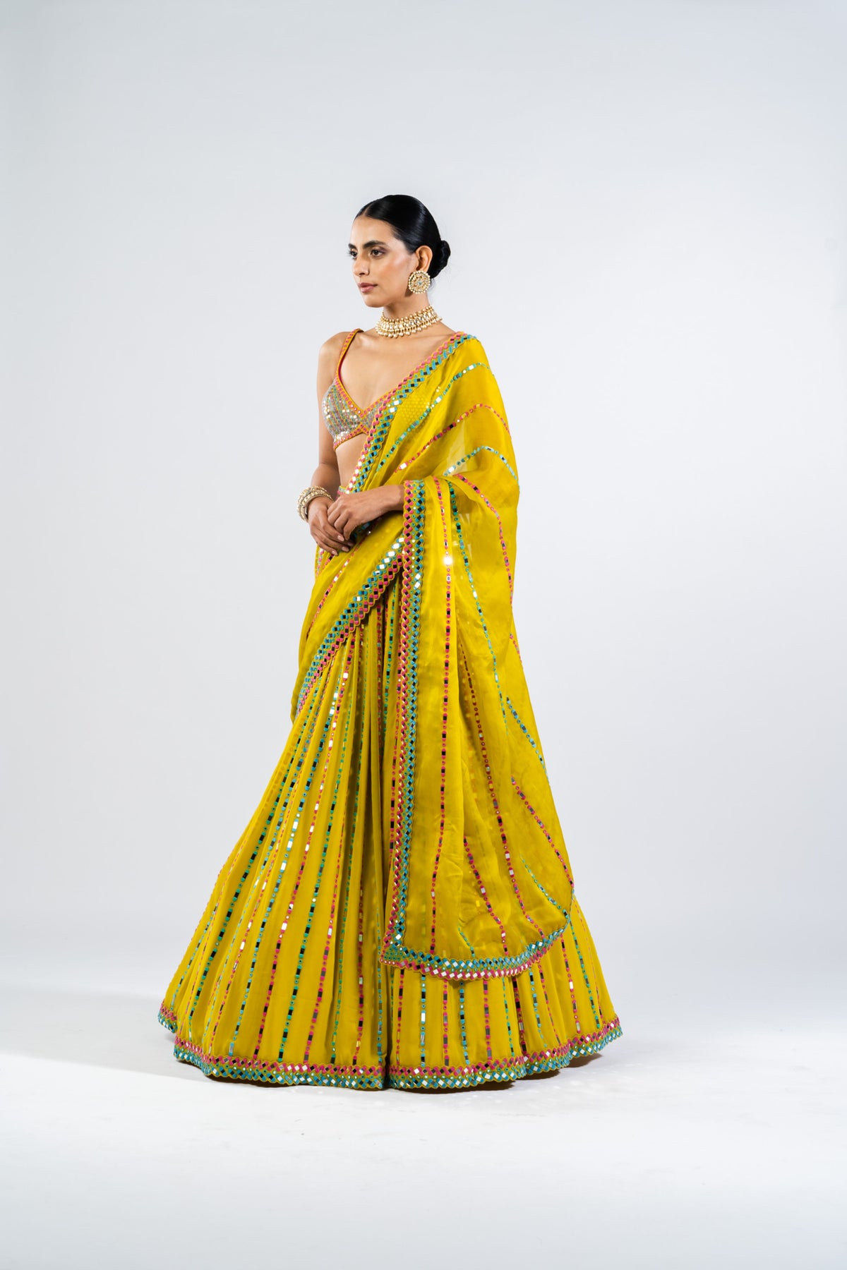 Moss Green Linear Drop Lehenga With Metallic Blouse