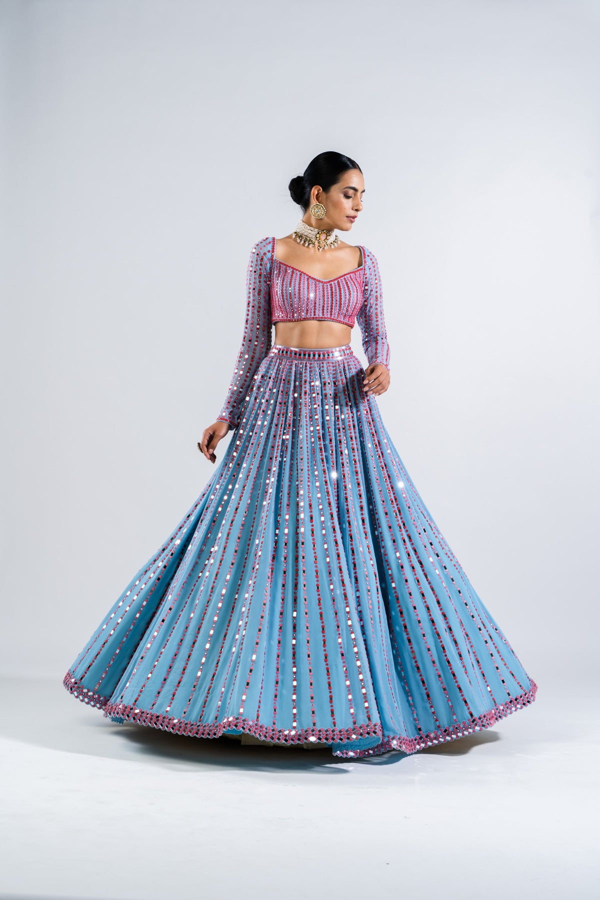 Ice Blue Linear Drop Lehenga Set