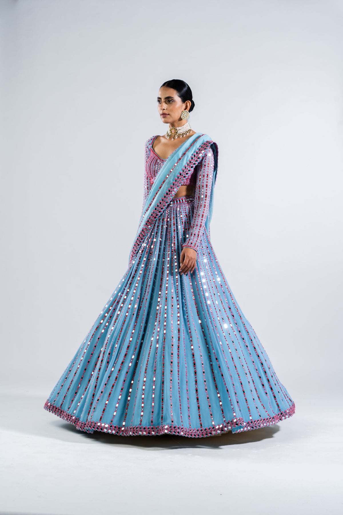 Ice Blue Linear Drop Lehenga Set