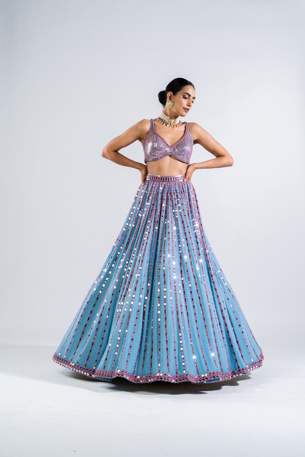 Ice Blue Linear Drop Lehenga With Metallic Blouse
