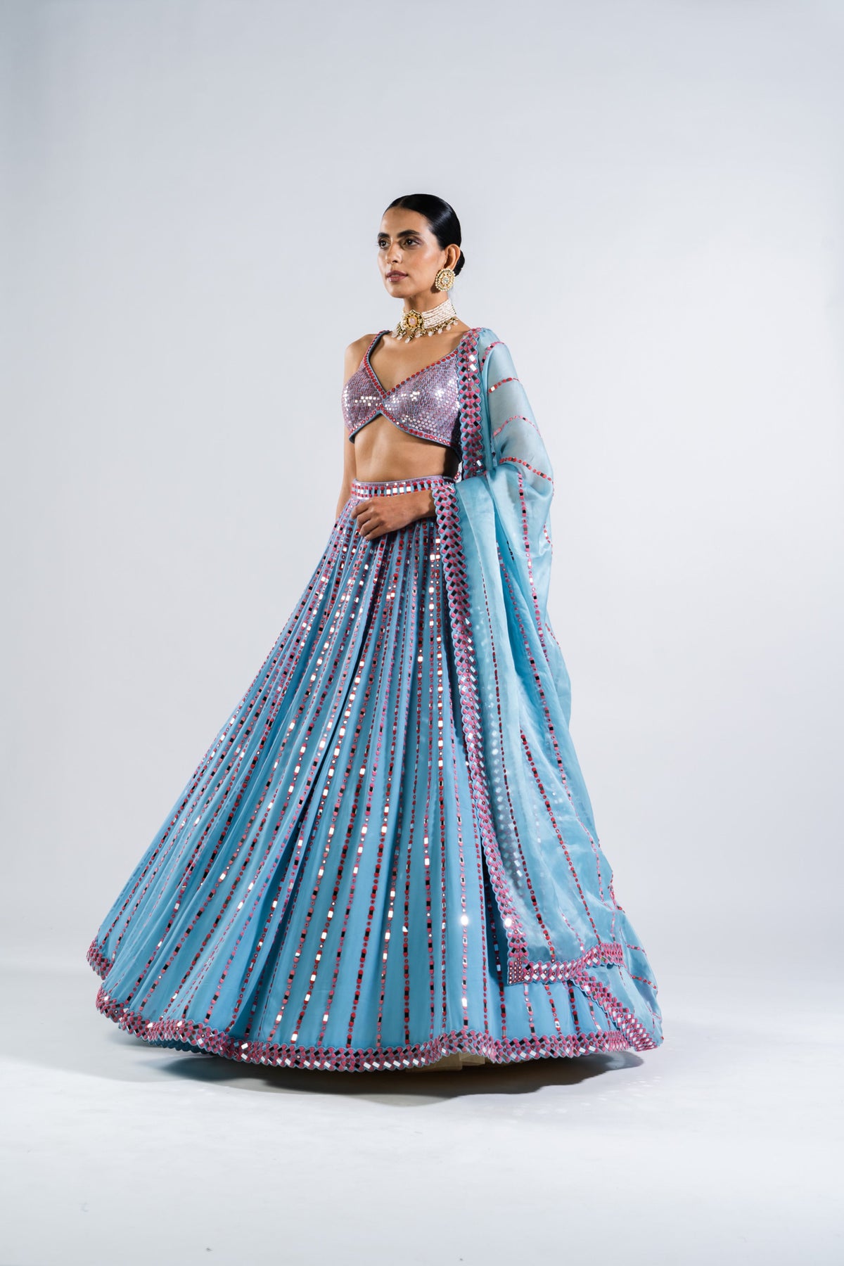 Ice Blue Linear Drop Lehenga With Metallic Blouse