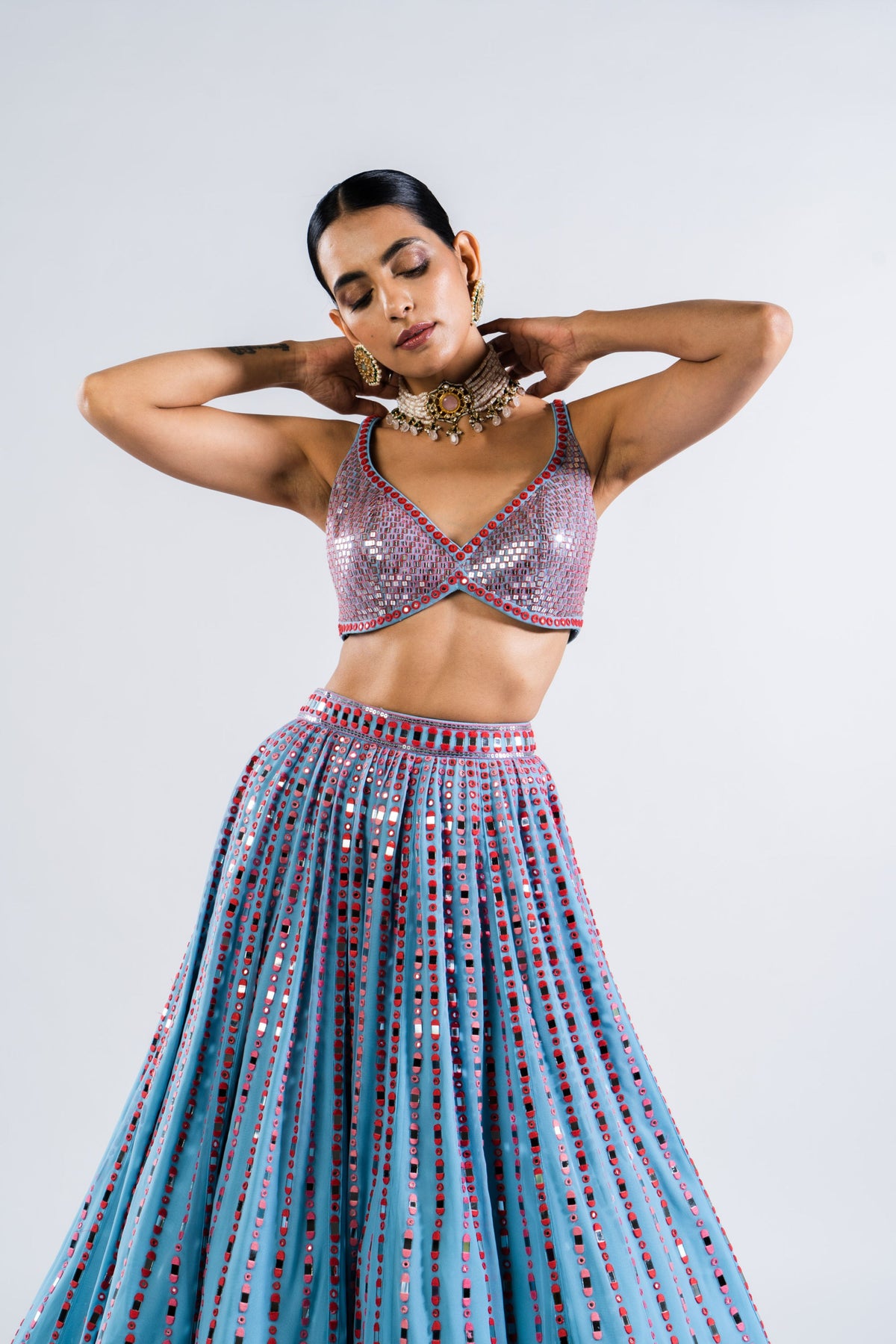Ice Blue Linear Drop Lehenga With Metallic Blouse