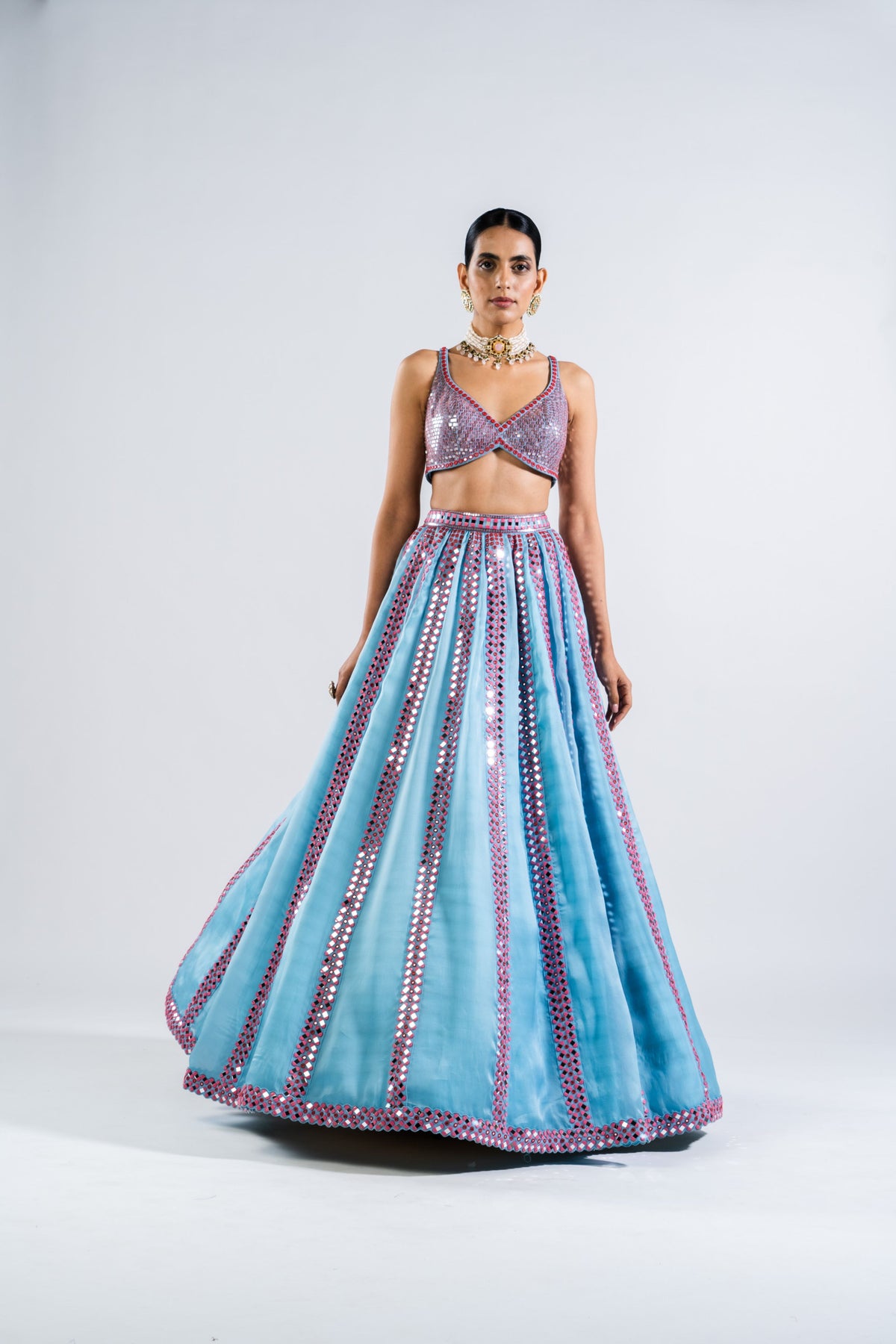 Ice Blue Mirror Seam Lehenga Set