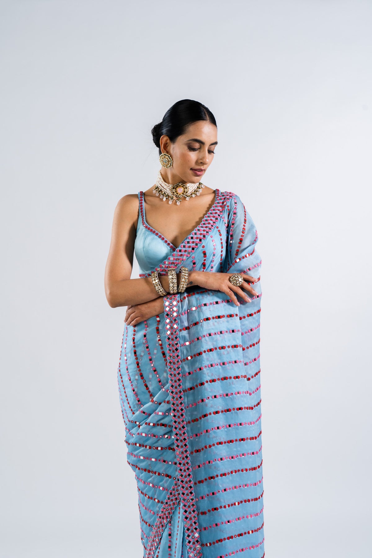 Ice Blue Heavy Mirror Work Saree Set