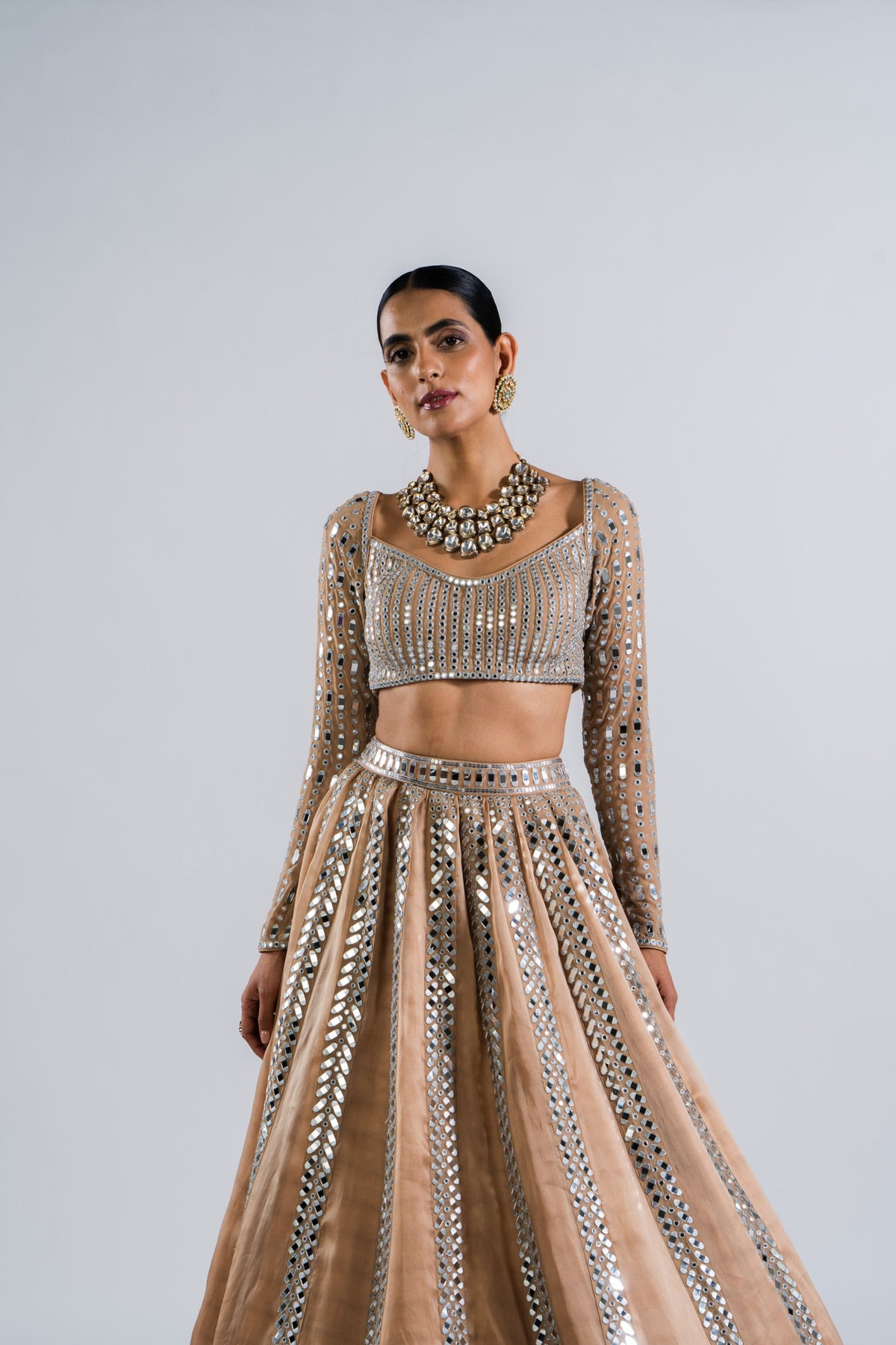 Beige Mirror Seam Lehenga Set