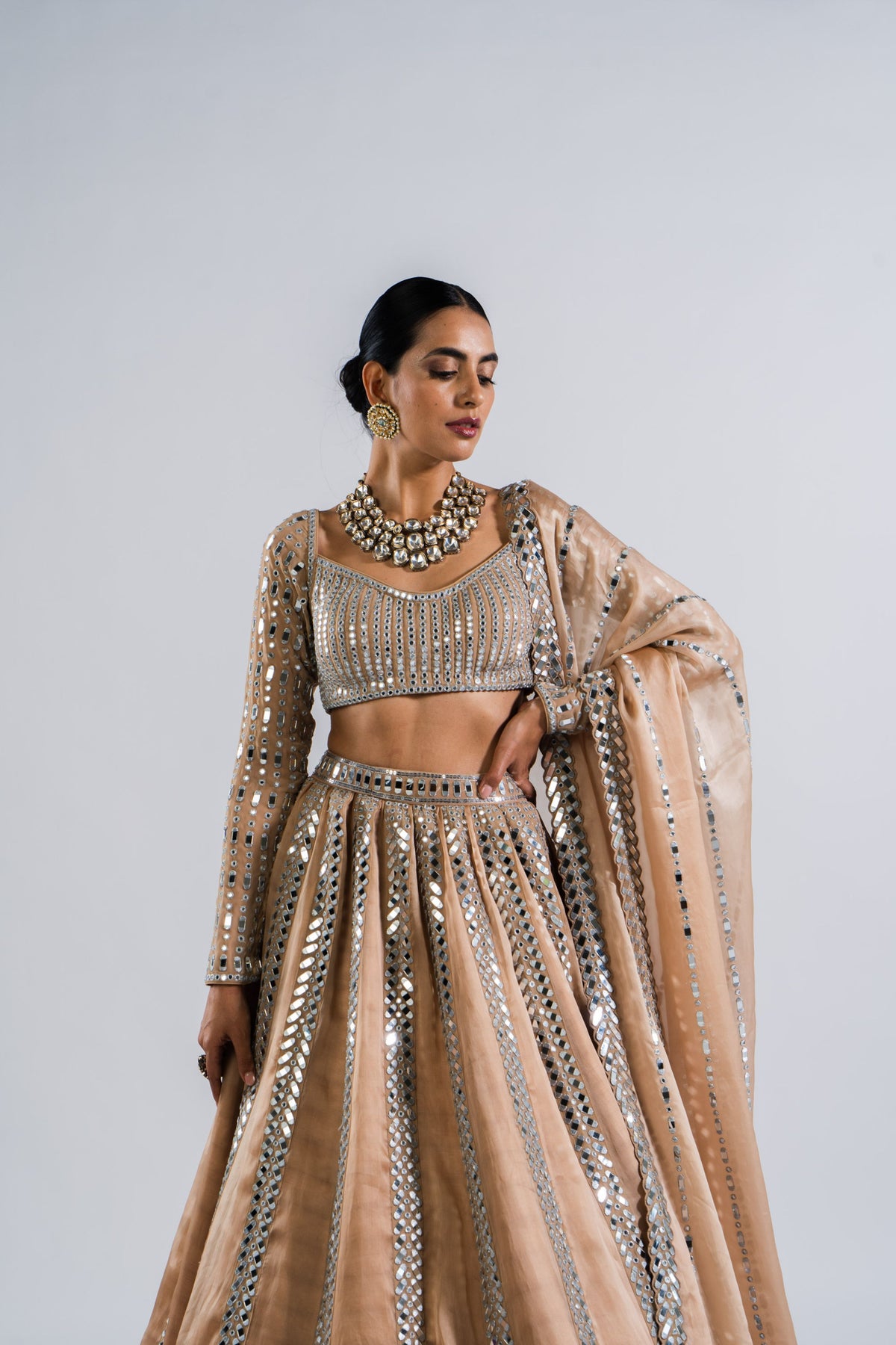 Beige Mirror Seam Lehenga Set