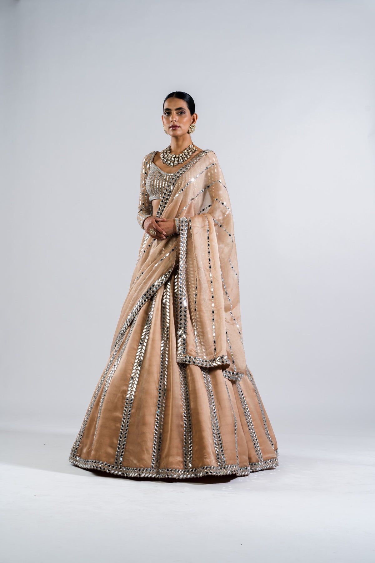Beige Mirror Seam Lehenga Set