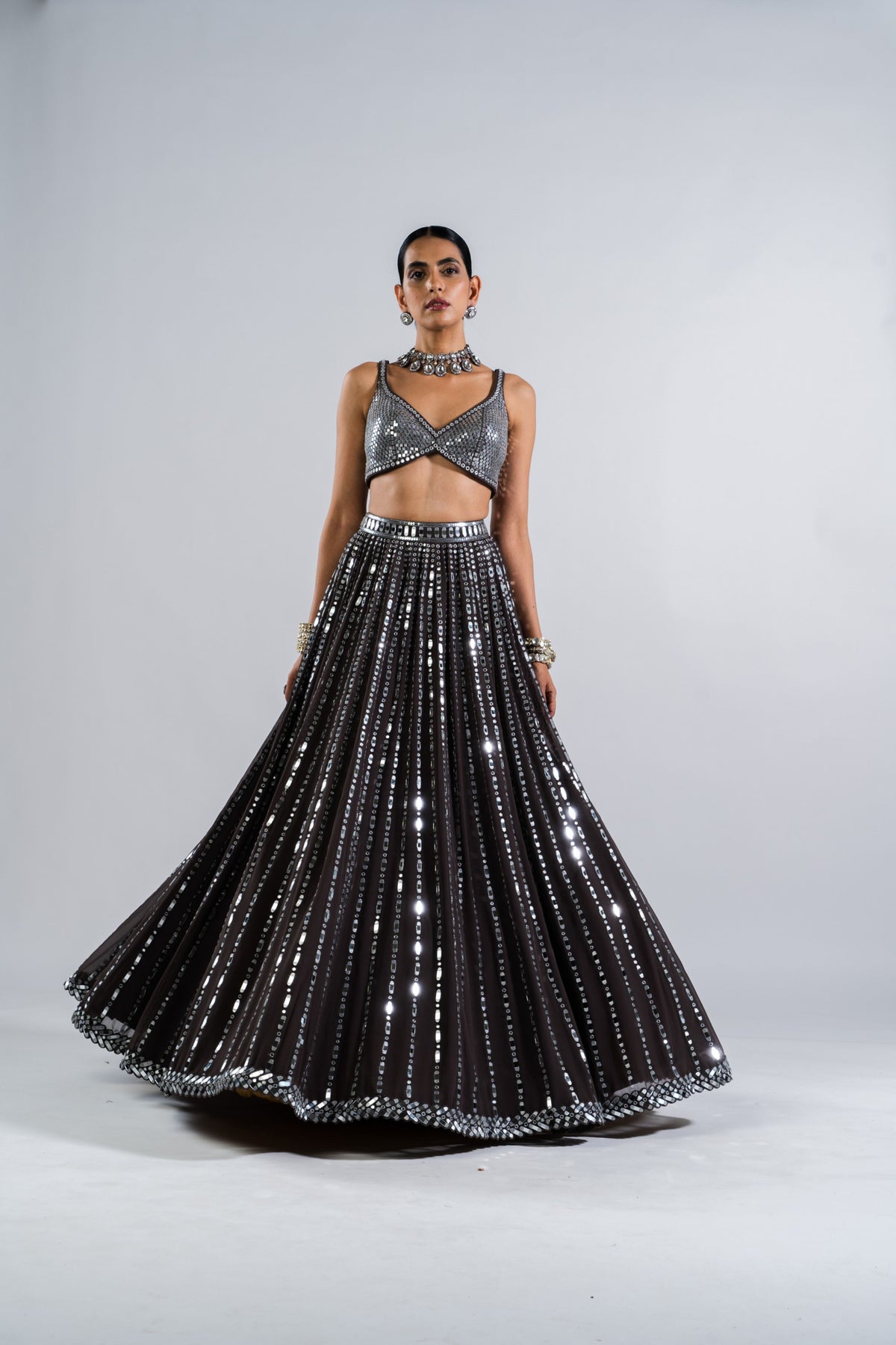Charcoal Grey Linear Drop Lehenga With Metallic Blouse