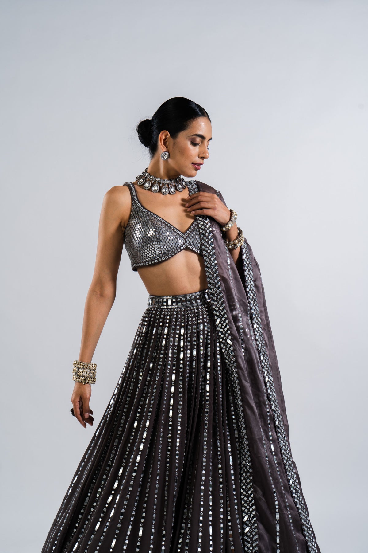 Charcoal Grey Linear Drop Lehenga With Metallic Blouse