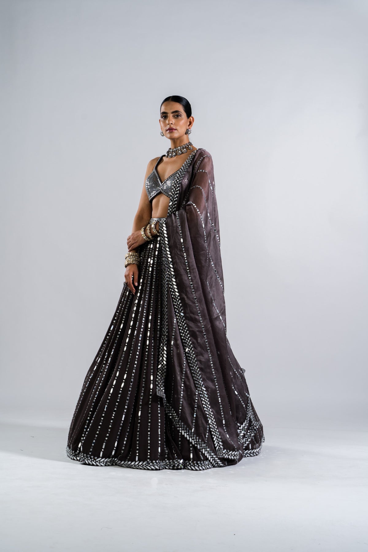 Charcoal Grey Linear Drop Lehenga With Metallic Blouse