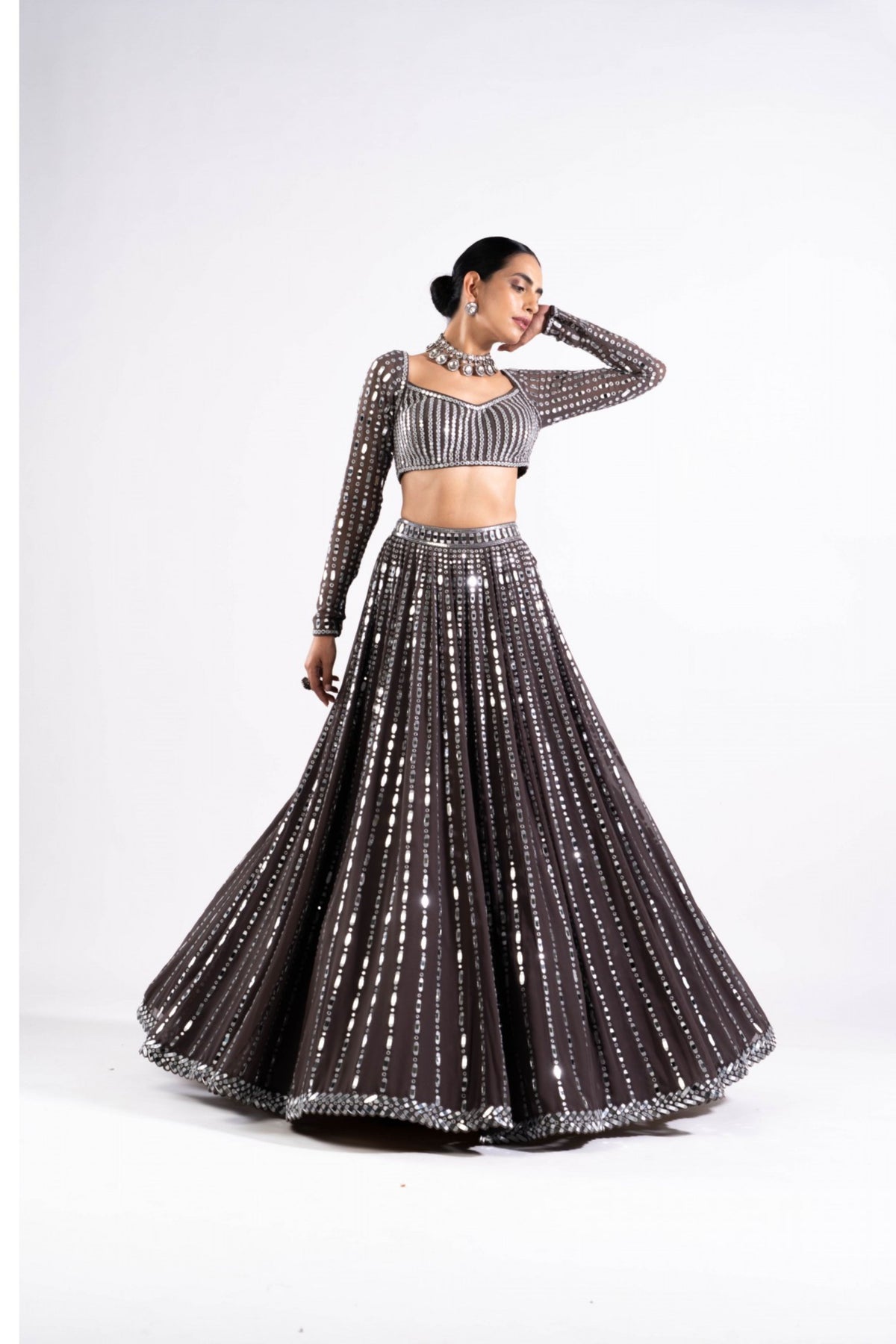 Charcoal Grey Linear Drop Lehenga Set