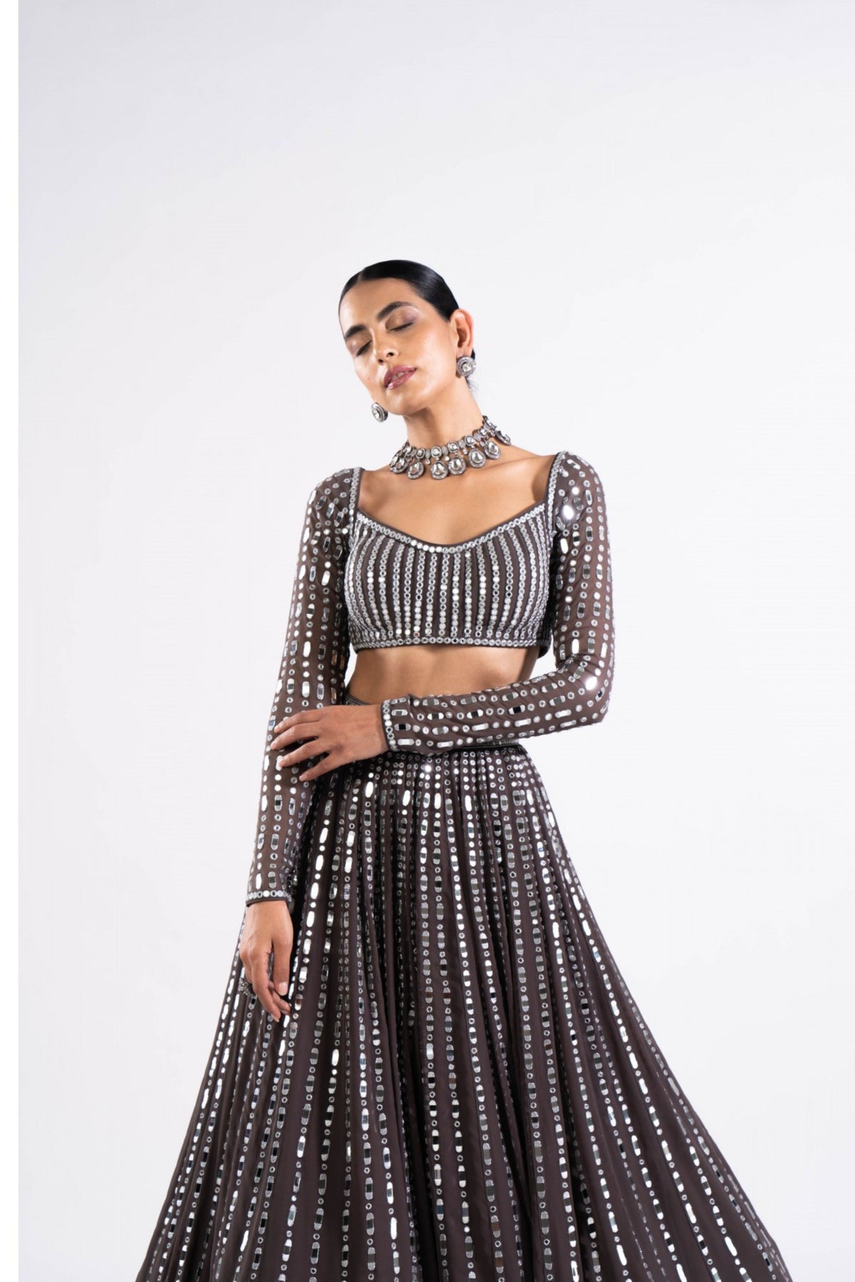 Charcoal Grey Linear Drop Lehenga Set