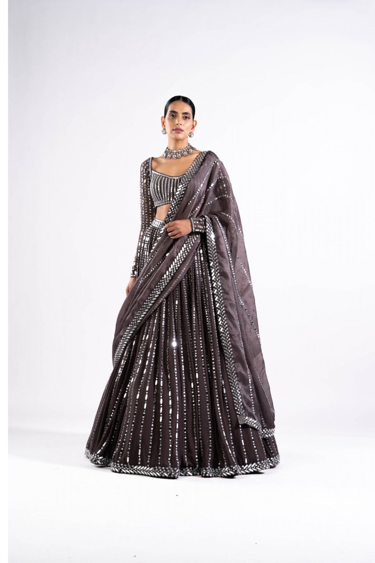 Charcoal Grey Linear Drop Lehenga Set