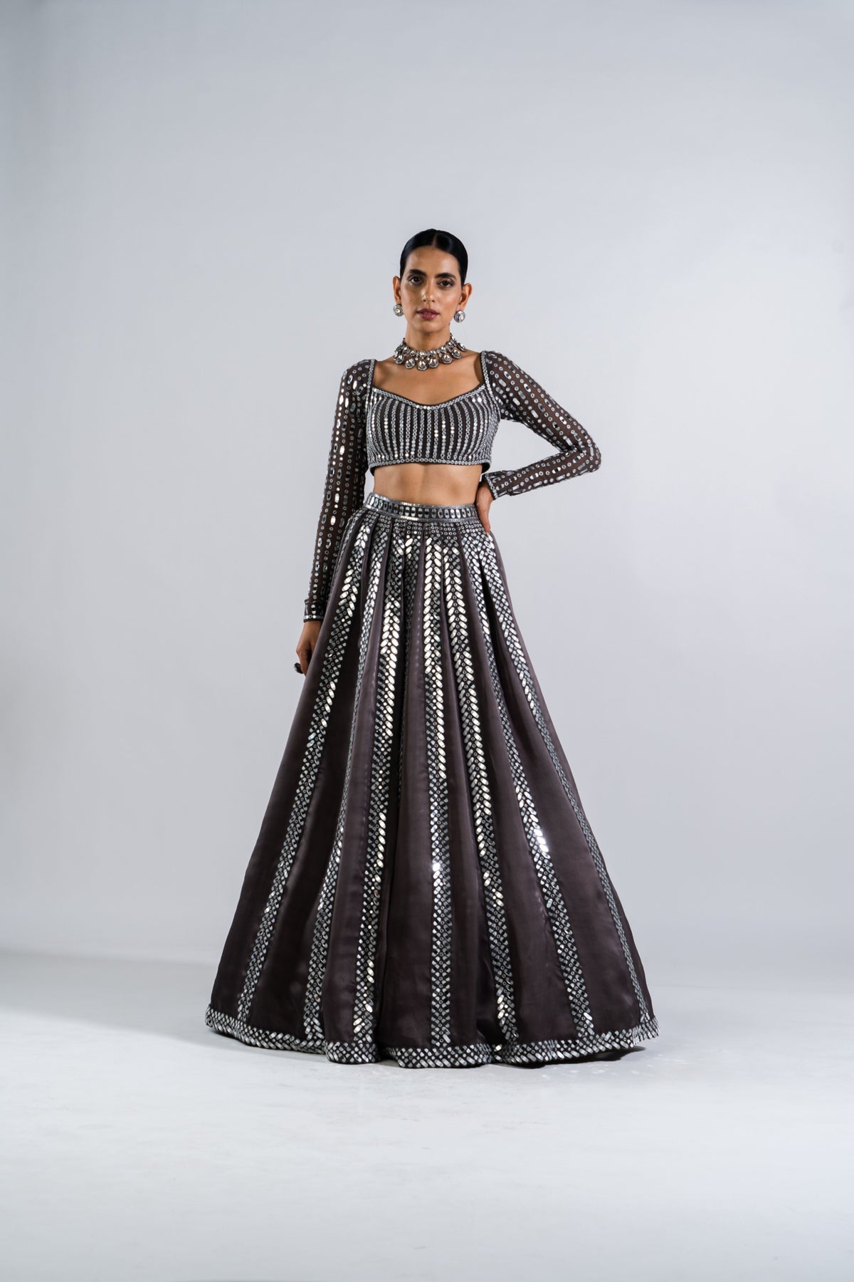 Charcoal Grey Mirror Seam Lehenga Set