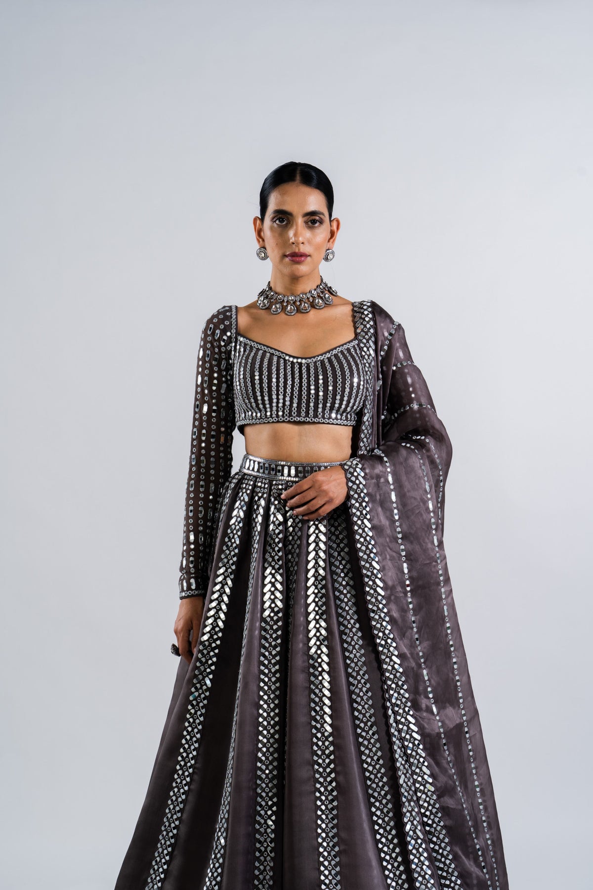 Charcoal Grey Mirror Seam Lehenga Set