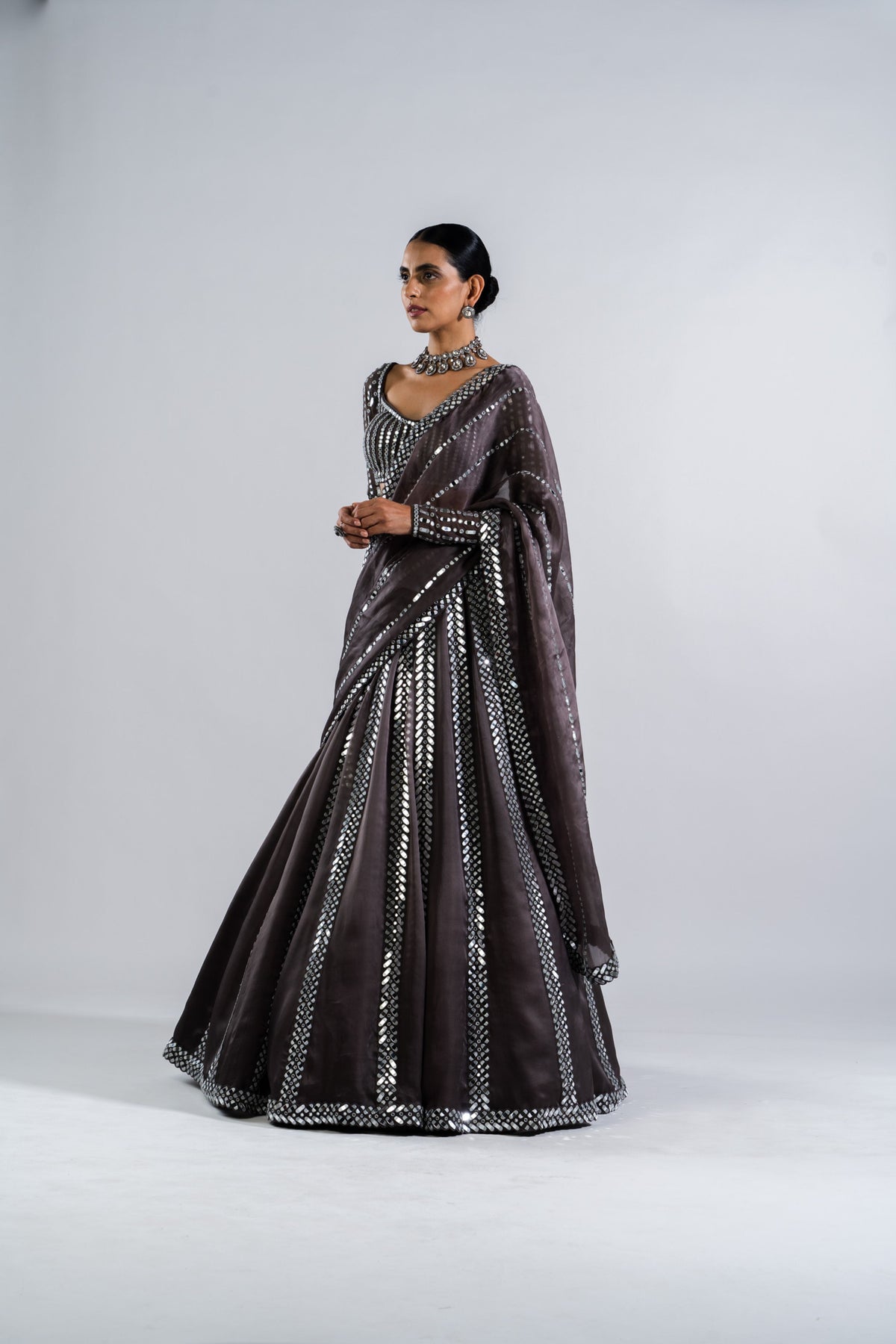 Charcoal Grey Mirror Seam Lehenga Set