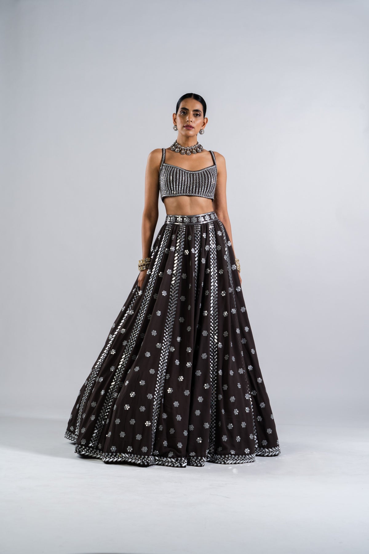 Charcoal Grey Flower Lehenga Set