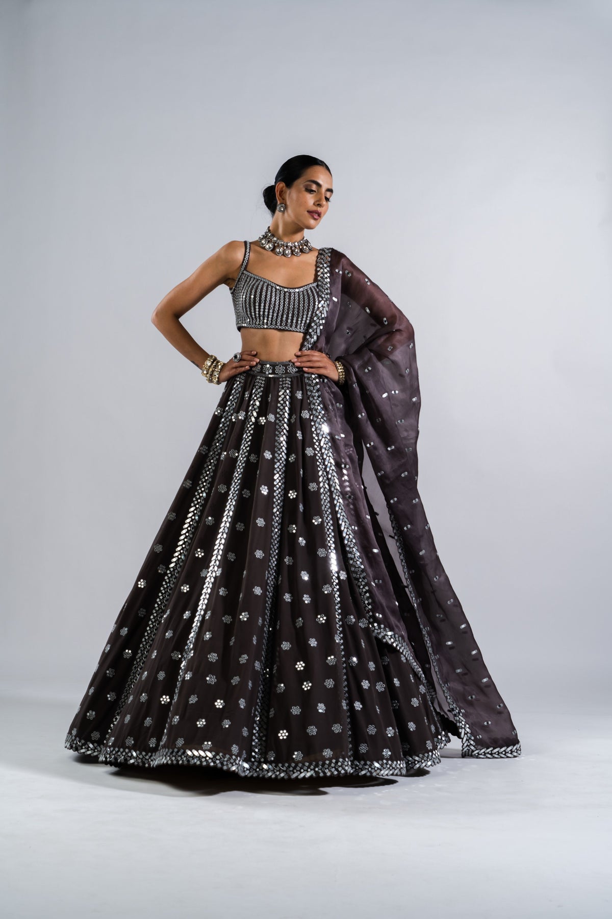 Charcoal Grey Flower Lehenga Set