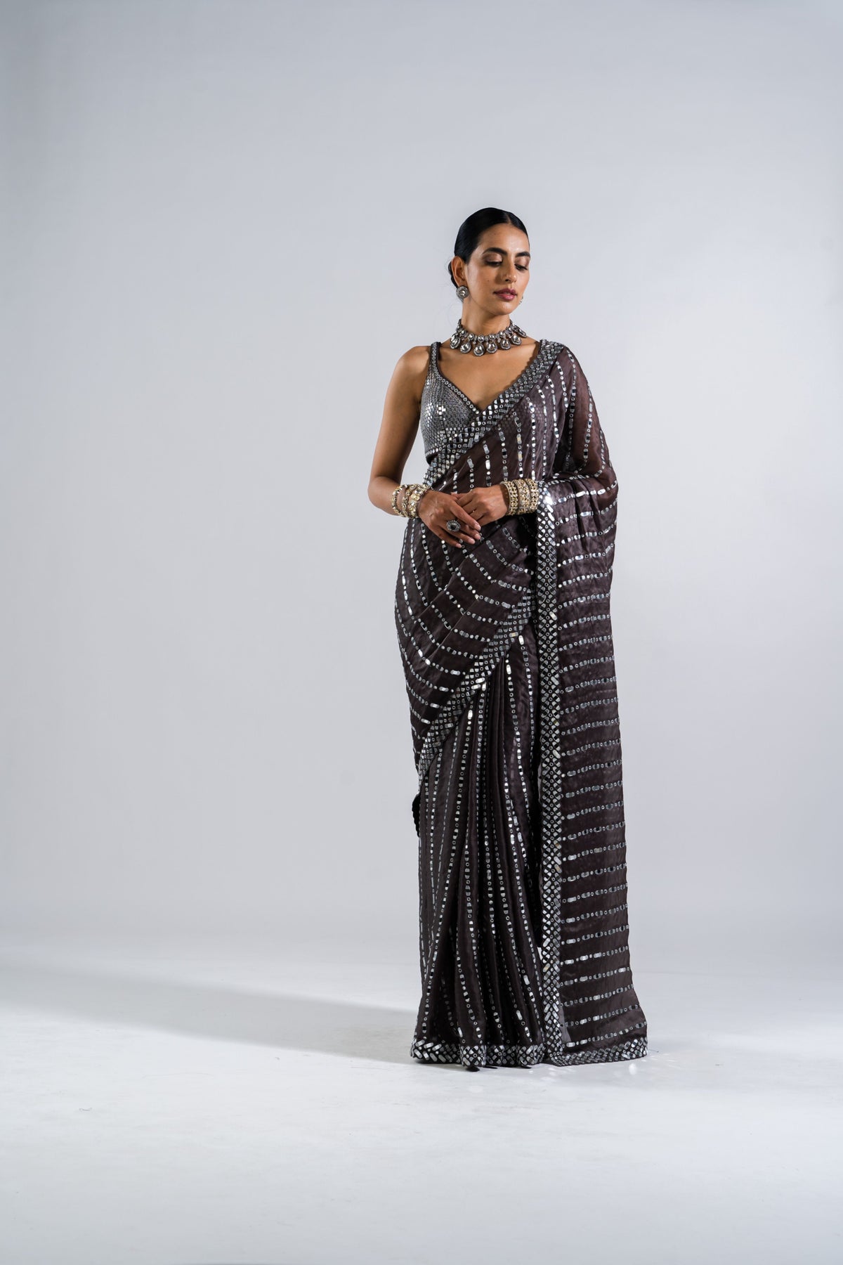 Charcoal Grey Heavy Mirror Work Saree With Metallic Blouse