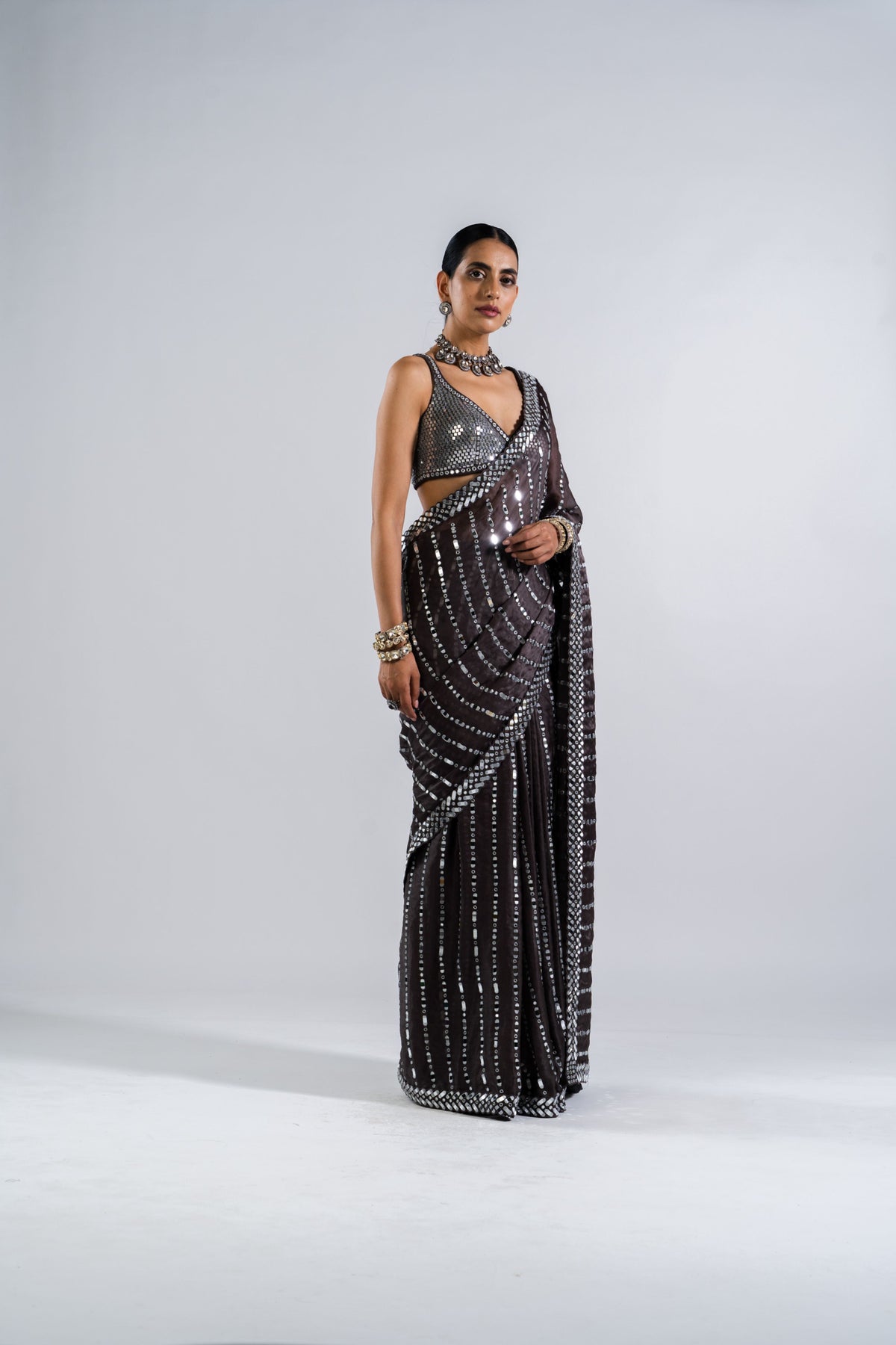 Charcoal Grey Heavy Mirror Work Saree With Metallic Blouse