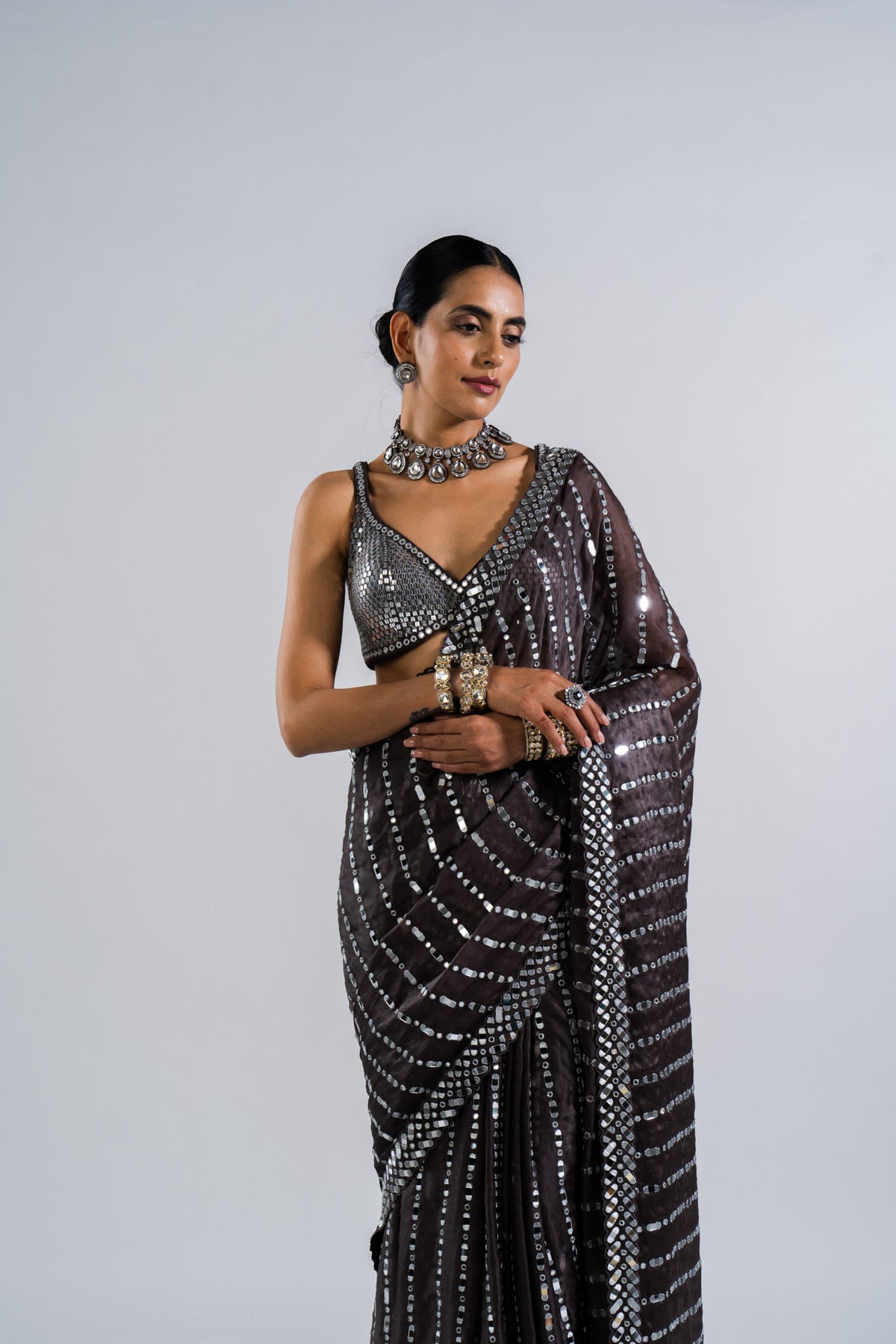 Charcoal Grey Heavy Mirror Work Saree With Metallic Blouse