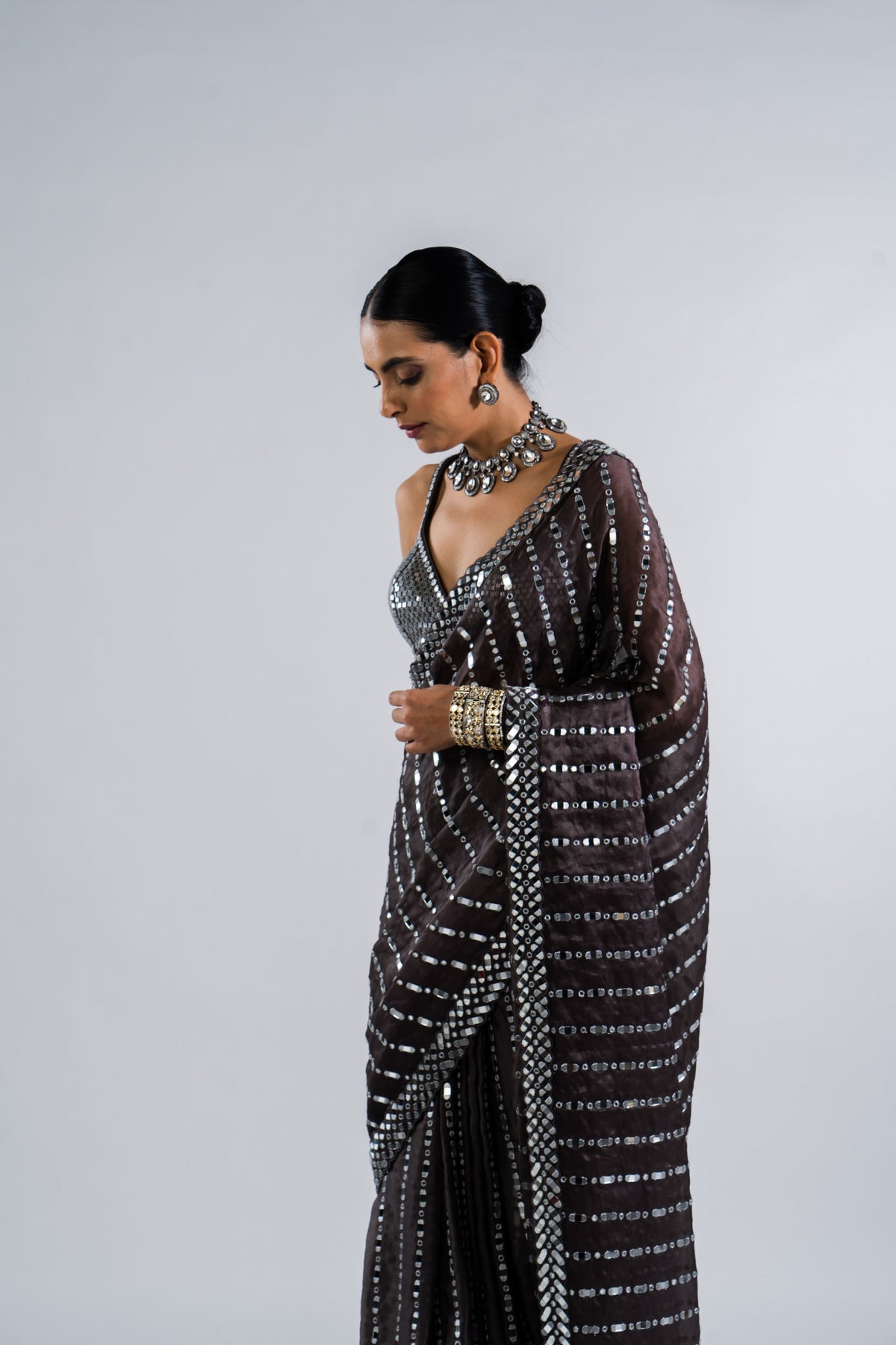 Charcoal Grey Heavy Mirror Work Saree With Metallic Blouse