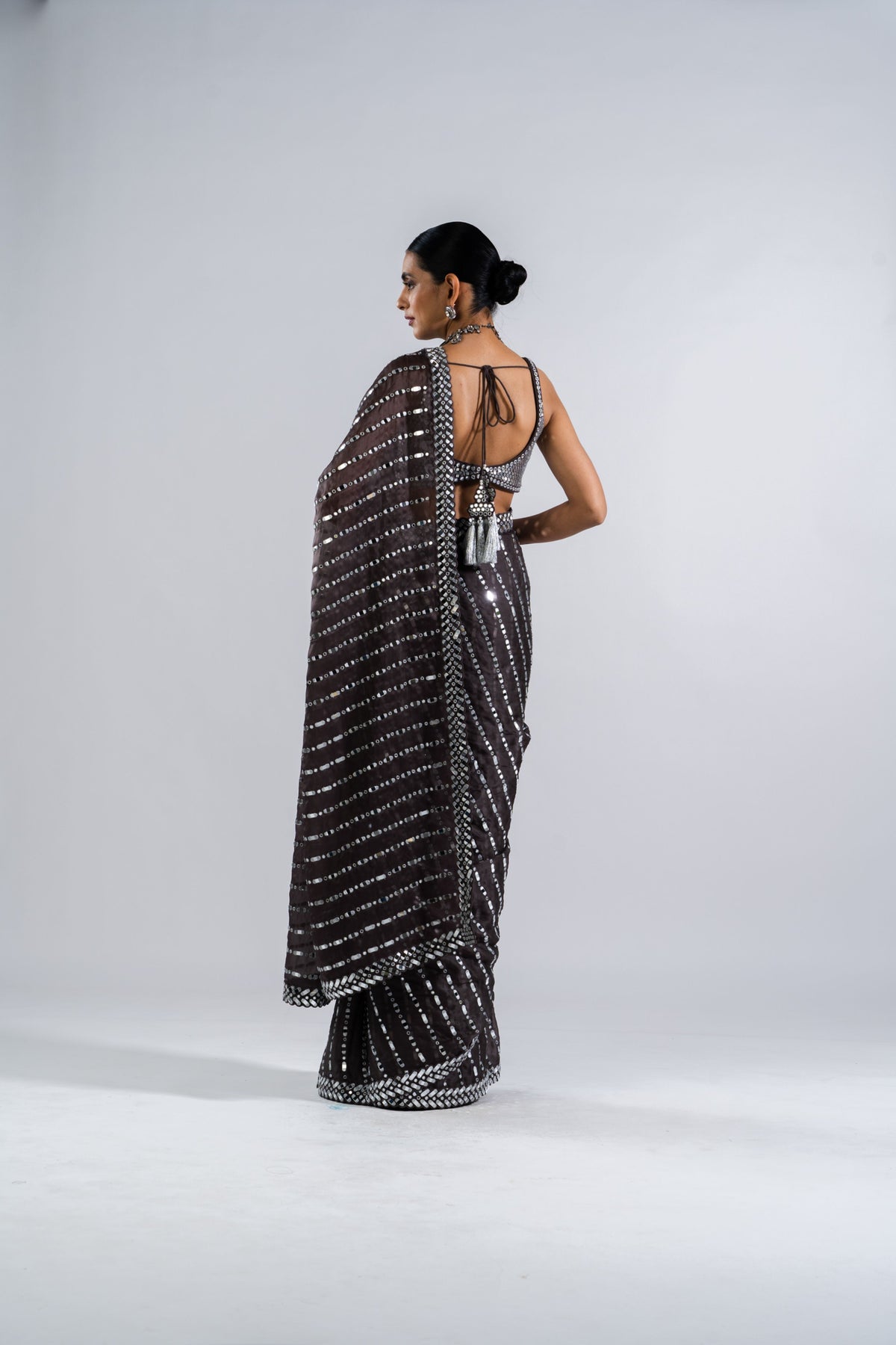 Charcoal Grey Heavy Mirror Work Saree With Metallic Blouse