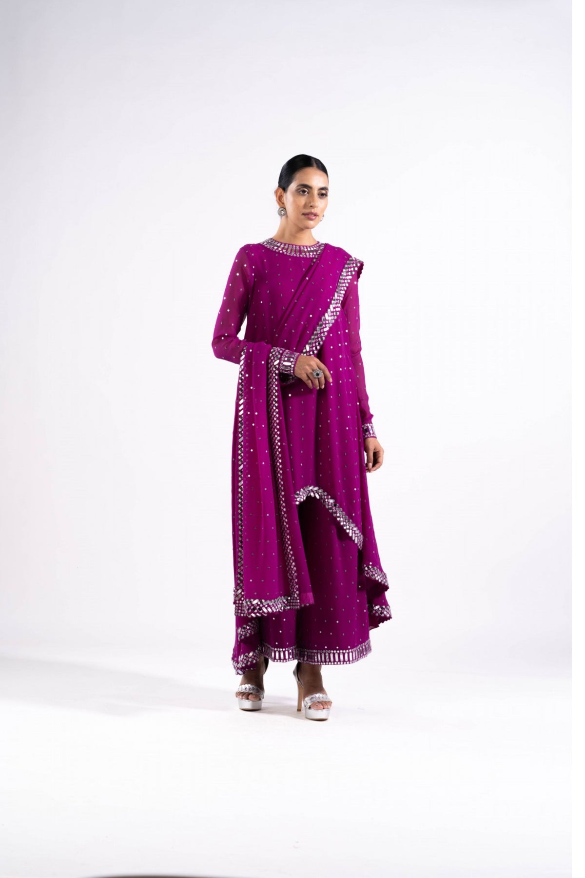 Pop Wine Asymmetrical Kurta Set With Dupatta