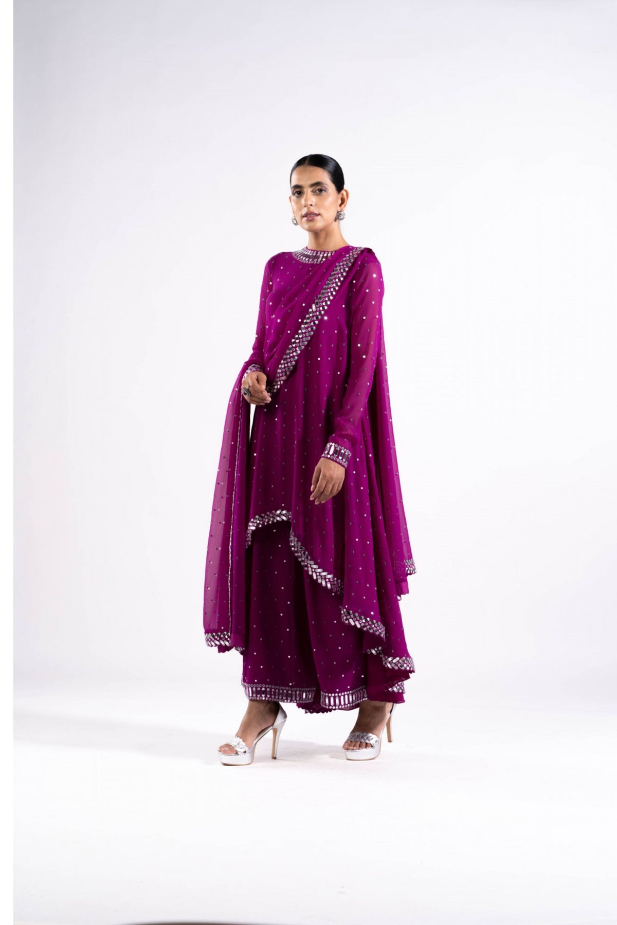Pop Wine Asymmetrical Kurta Set With Dupatta