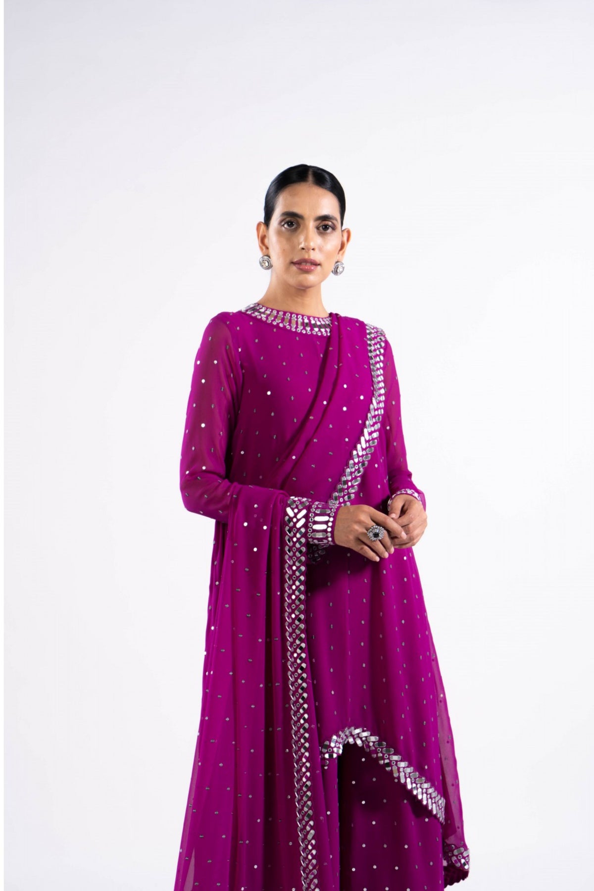 Pop Wine Asymmetrical Kurta Set With Dupatta