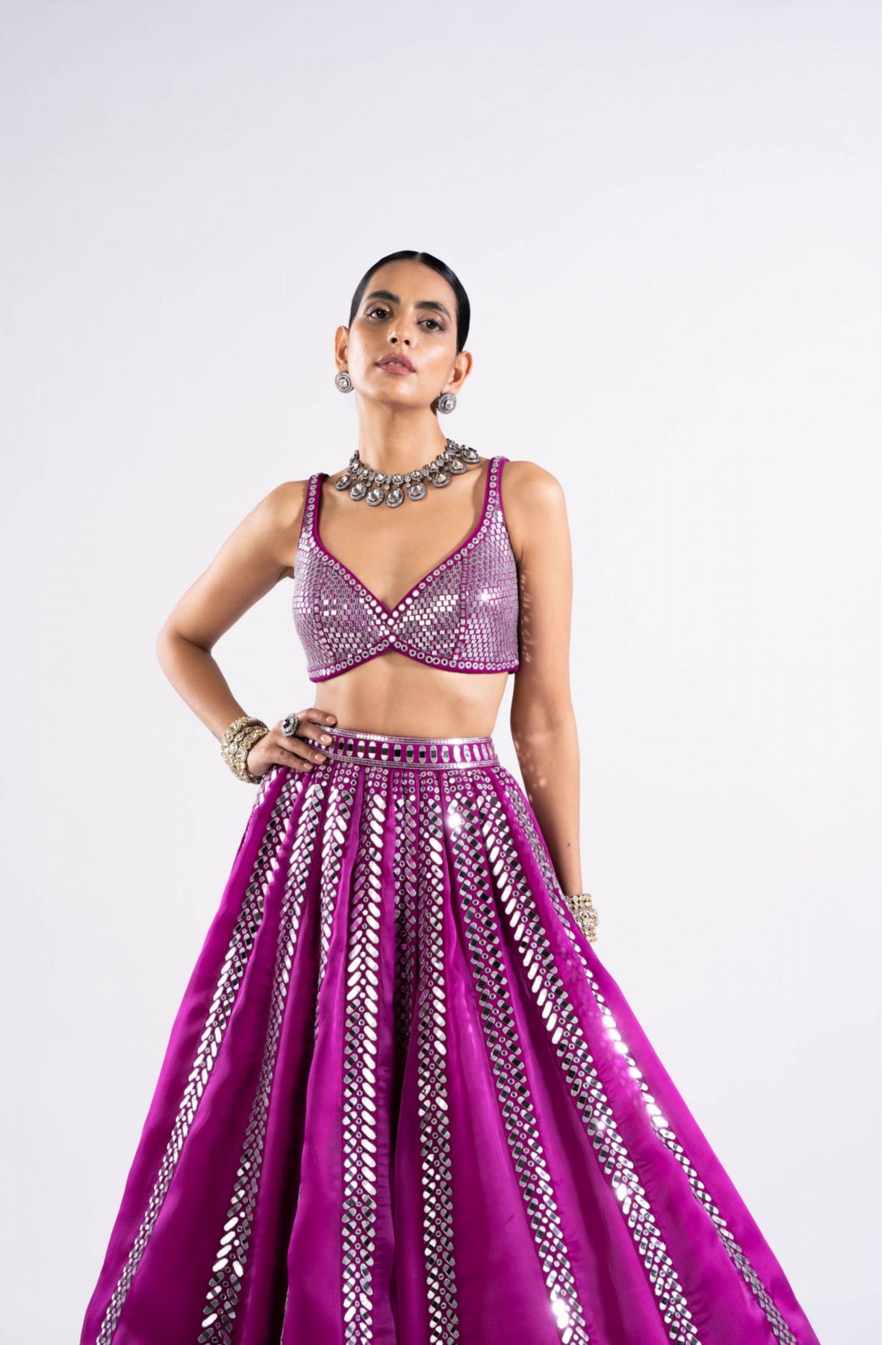 Pop Wine Mirror Seam Lehenga Set