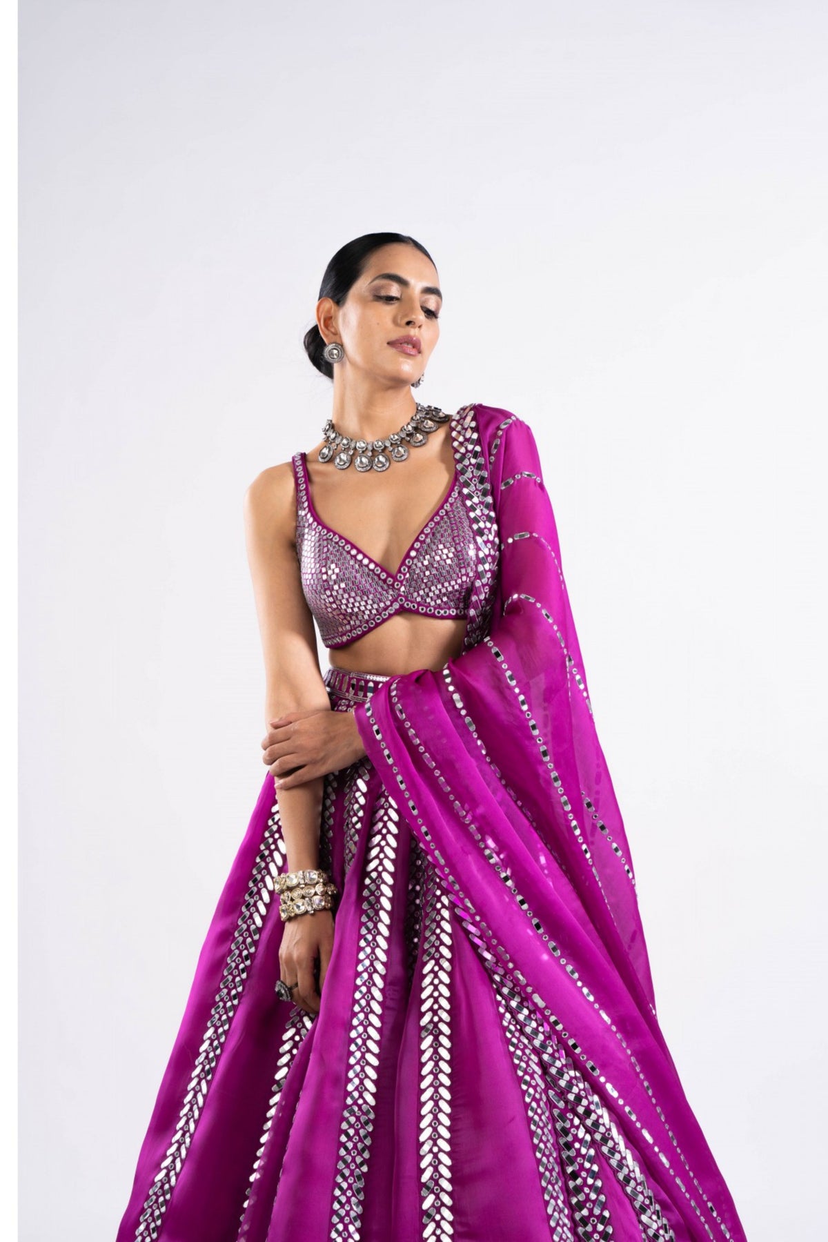 Pop Wine Mirror Seam Lehenga Set