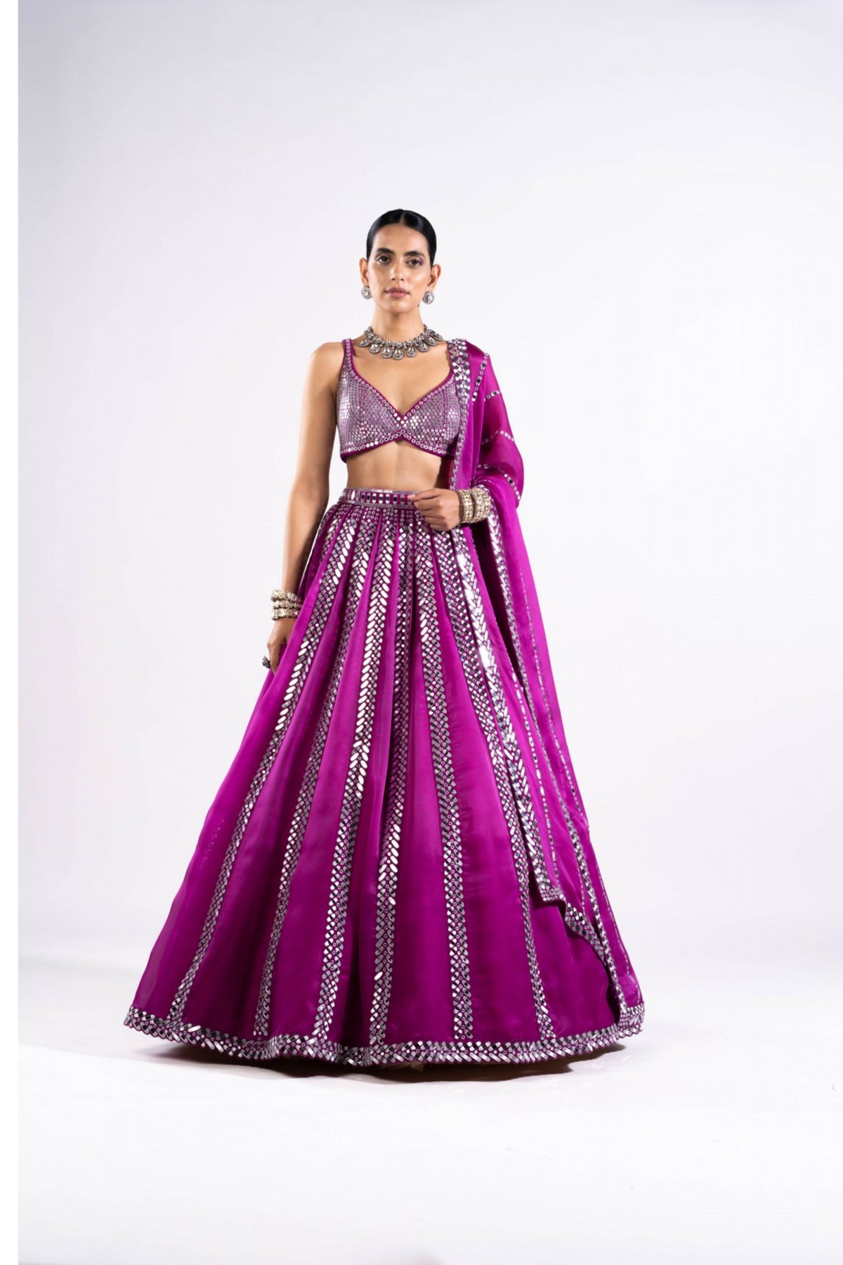 Pop Wine Mirror Seam Lehenga Set