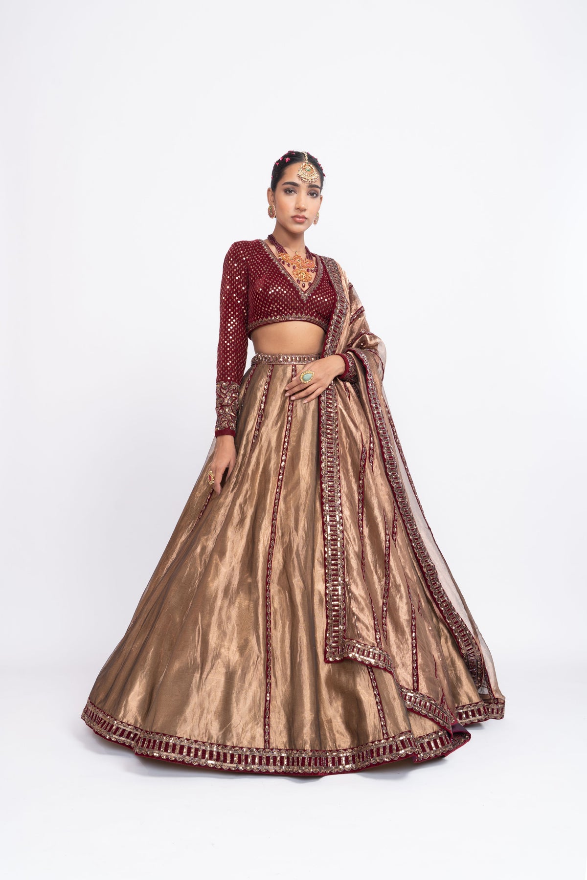 Mehroon copper tissue lehnga set