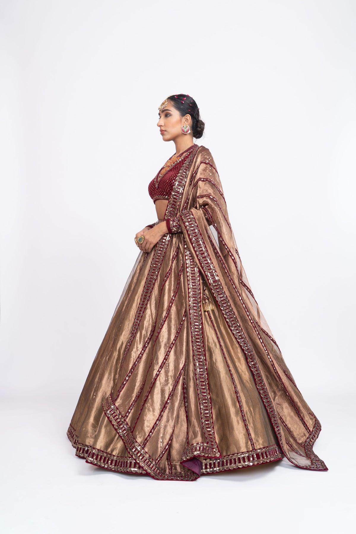 Mehroon copper tissue lehnga set