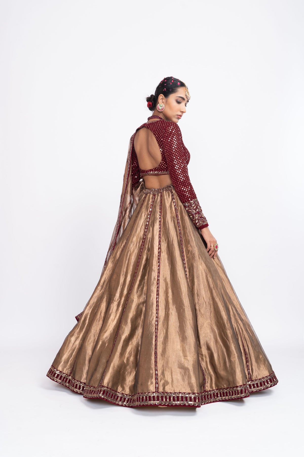 Mehroon copper tissue lehnga set