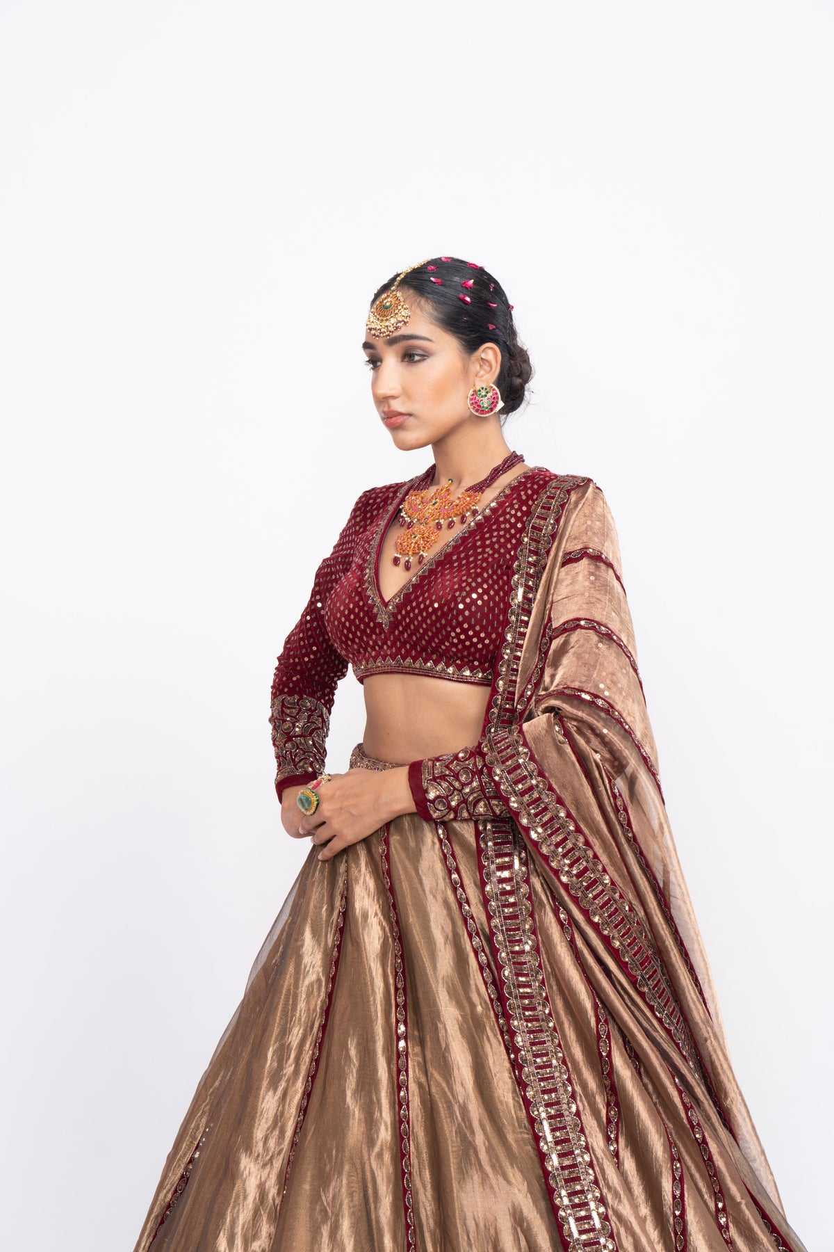 Mehroon copper tissue lehnga set
