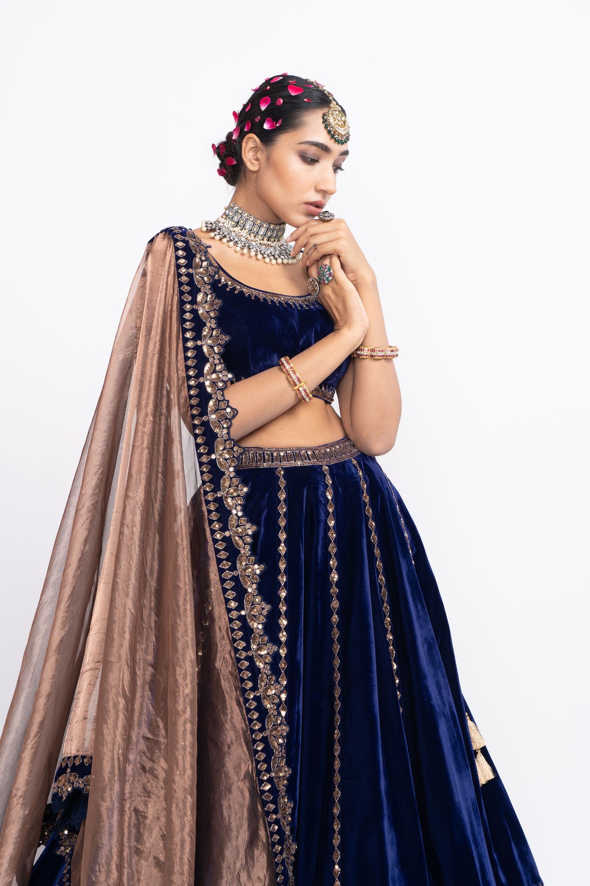 Navy blue double tier lehnga set
