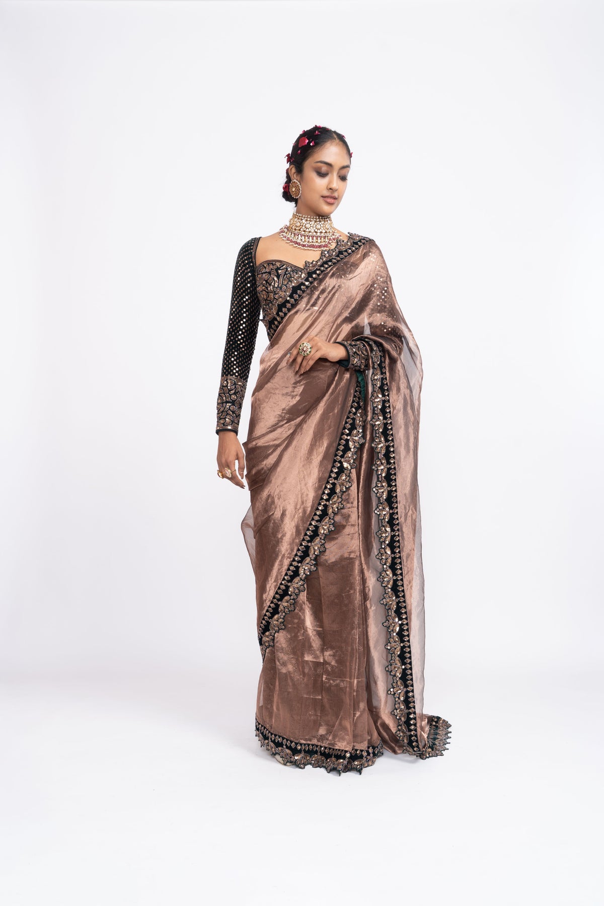 Deep green copper saree set