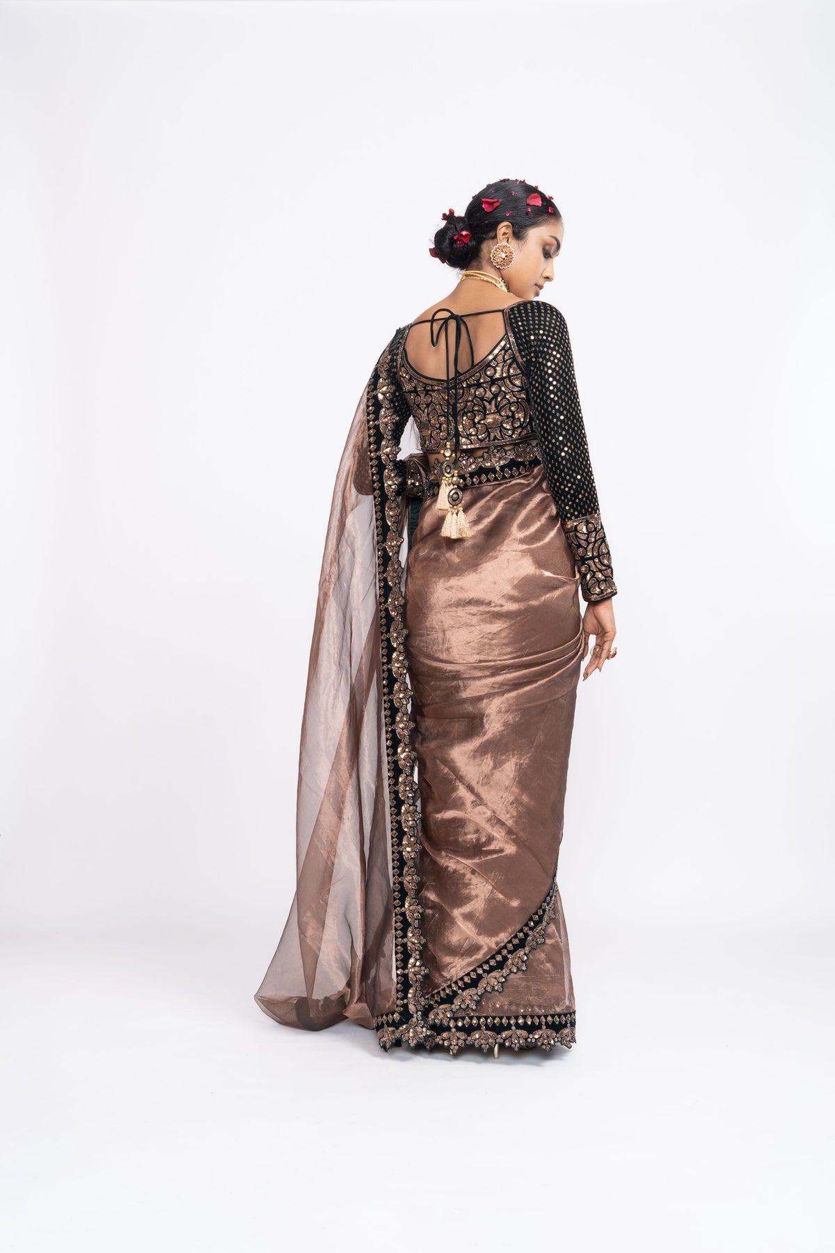 Deep green copper saree set