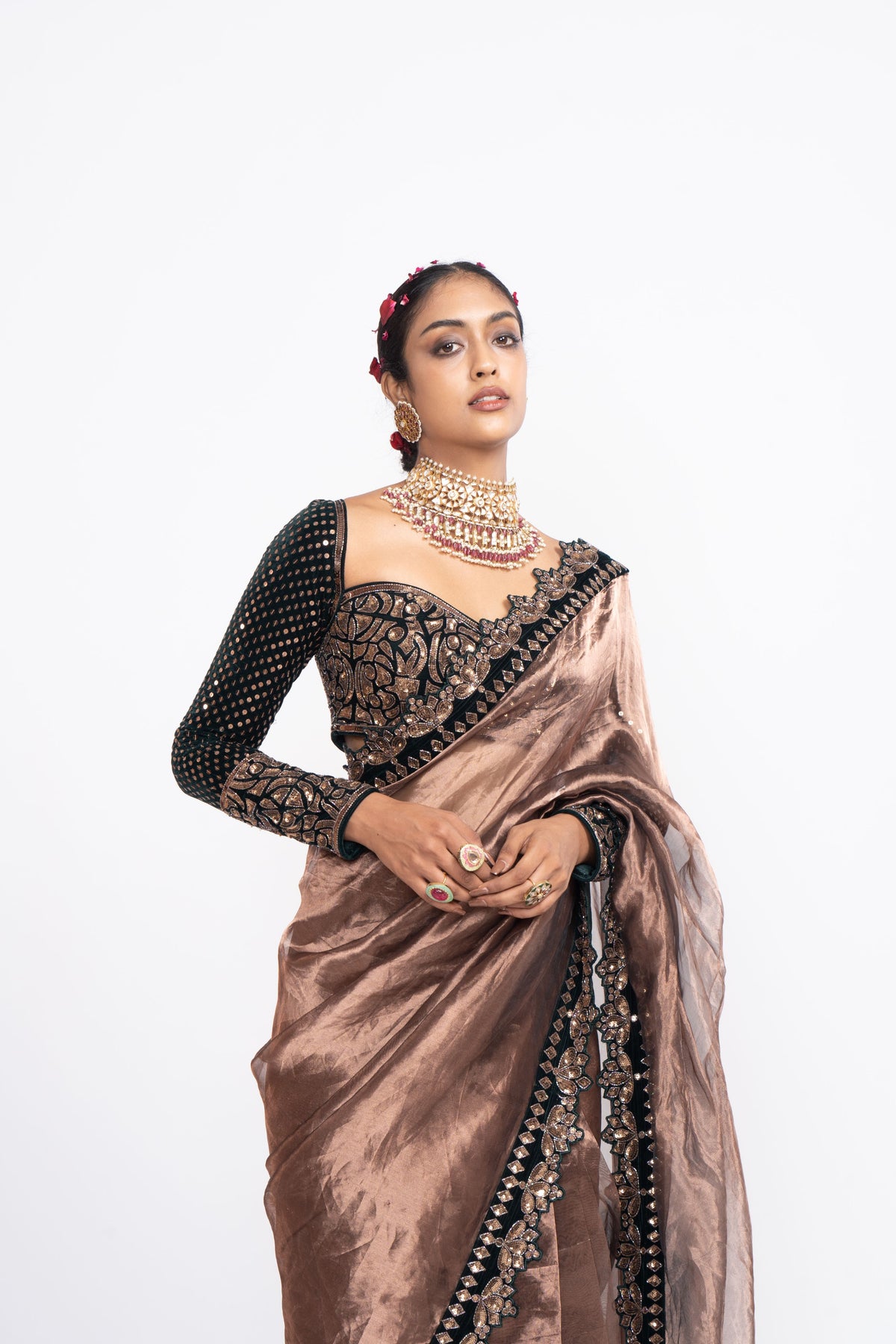 Deep green copper saree set