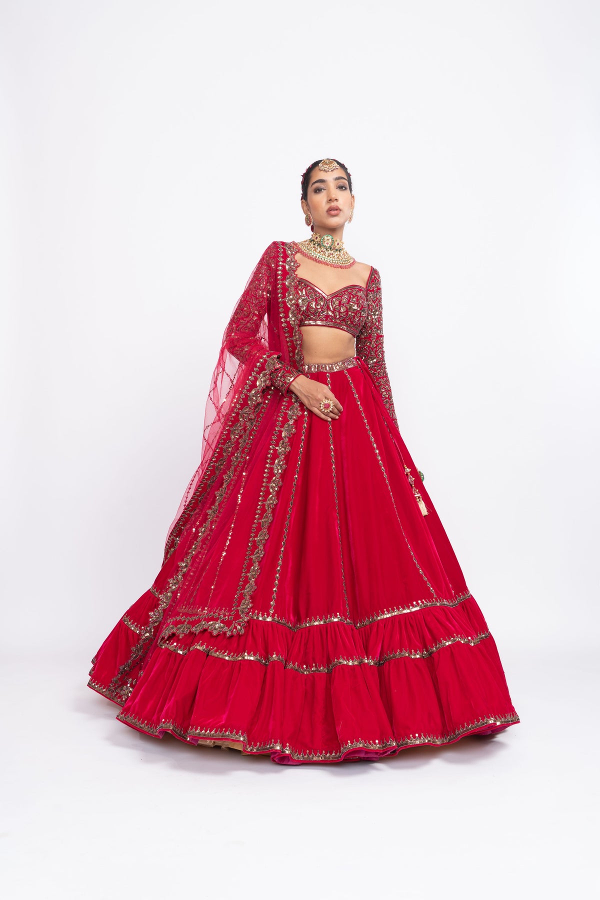 Red double tier lehnga set