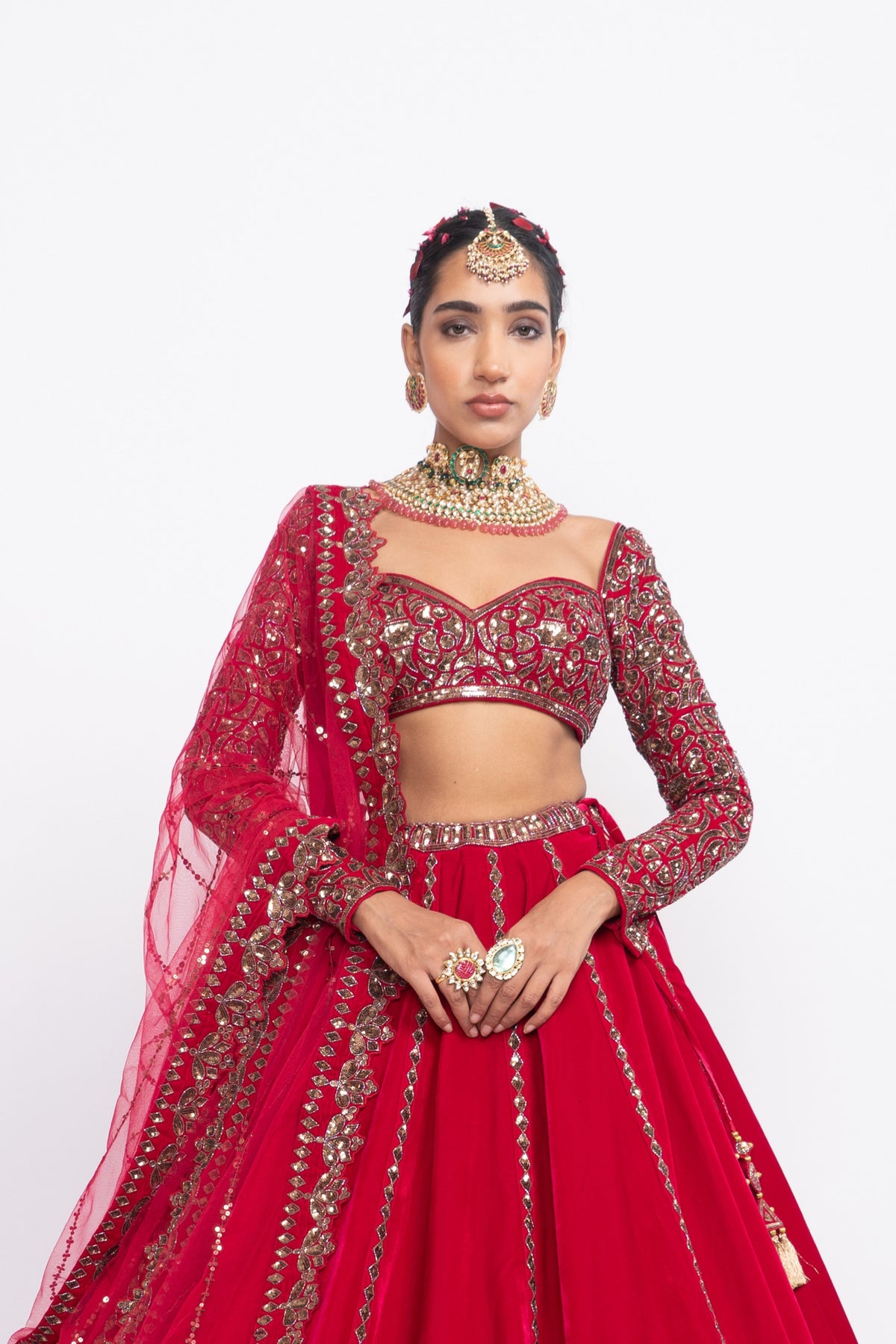 Red double tier lehnga set